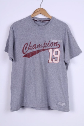 Champion Mens M T-Shirt Grey Cotton Graphic Indoor Comfort Everyday Fashion