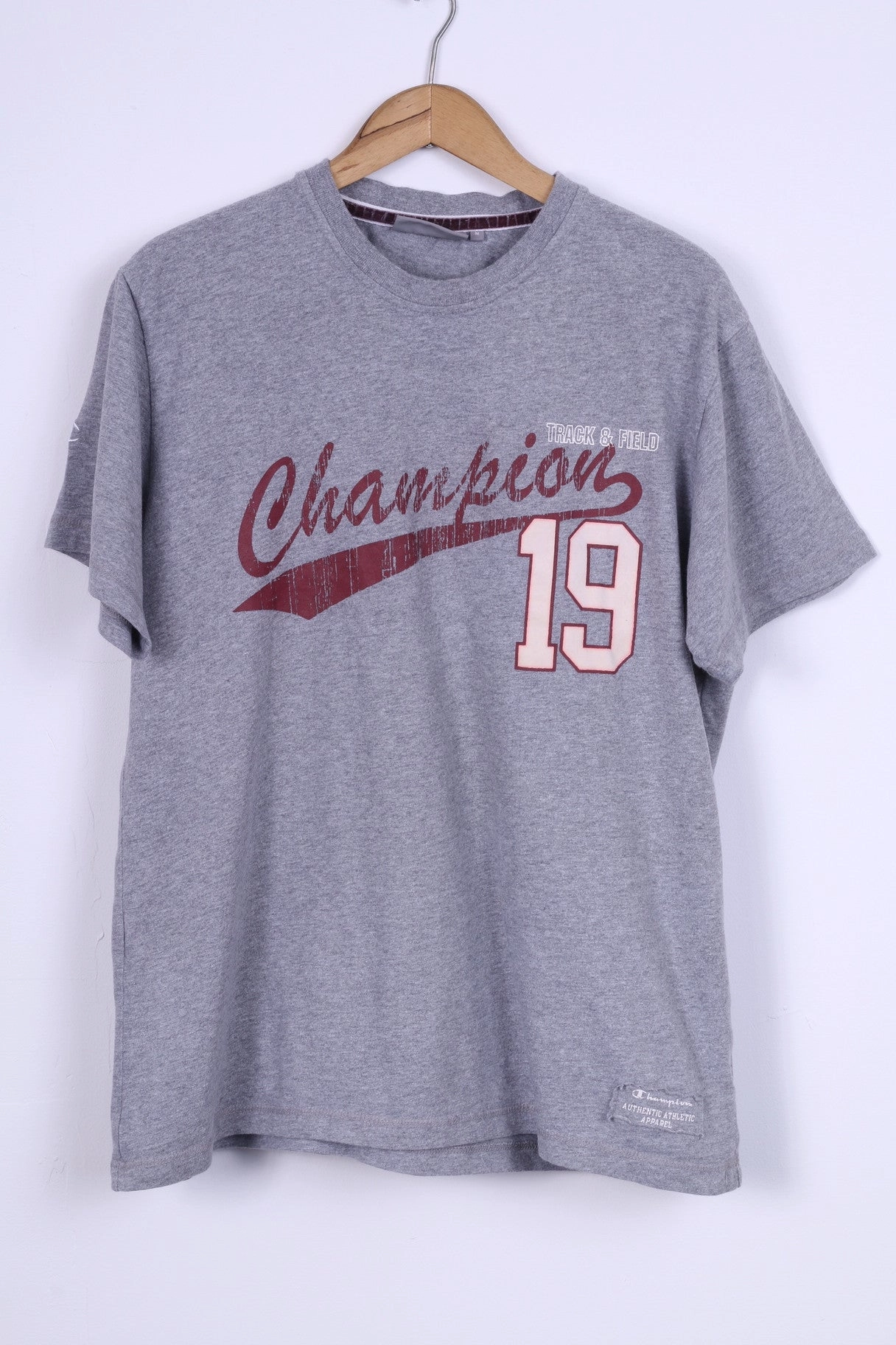 Champion Mens M T-Shirt Grey Cotton Graphic Indoor Comfort Everyday Fashion