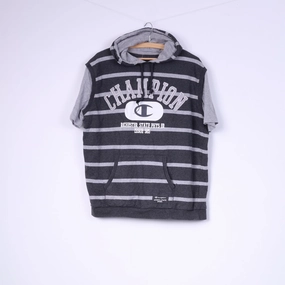Sport Performance Fit Champion Mens XL Shirt Grey Cotton Athlete Hooded Striped Sportswear Top