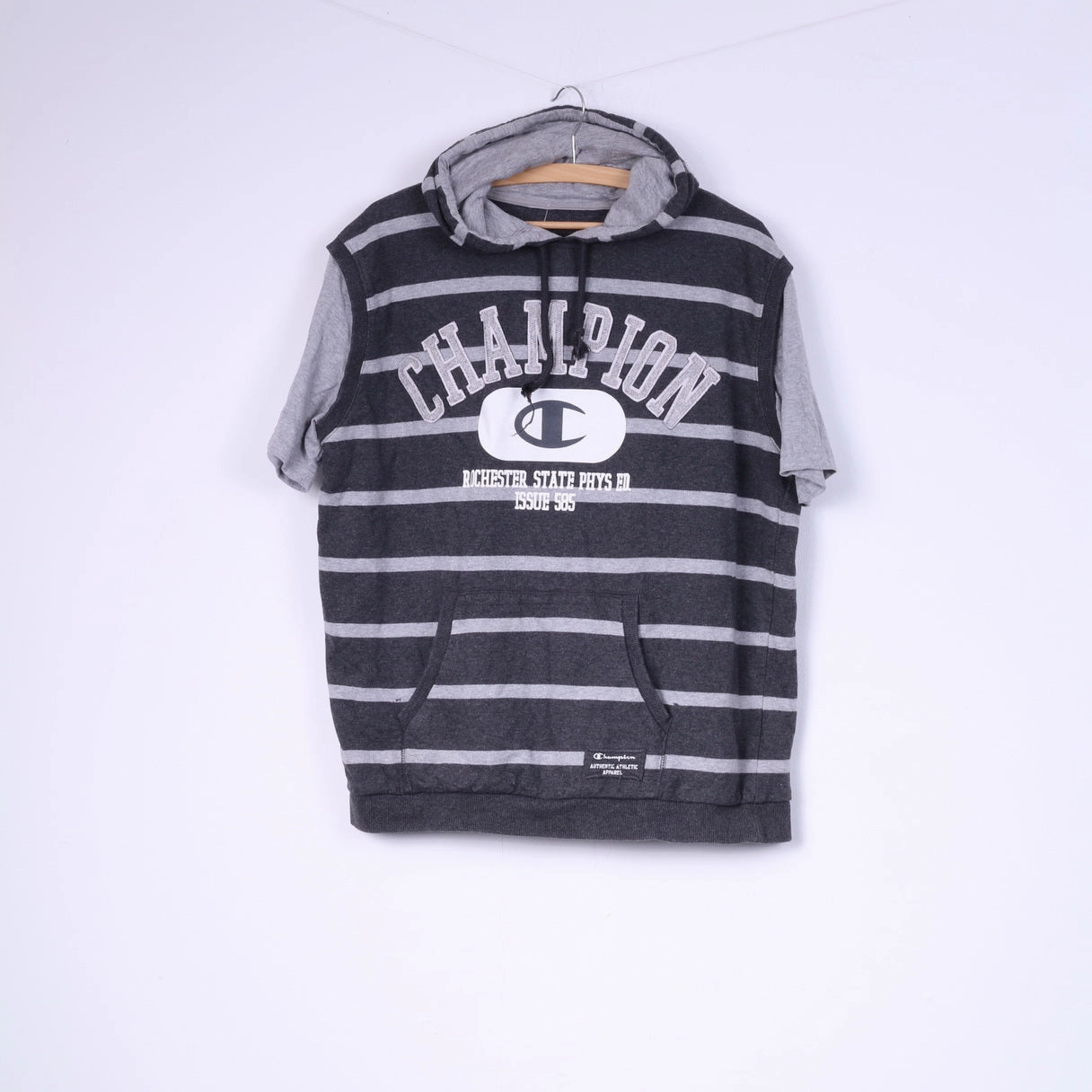 Sport Performance Fit Champion Mens XL Shirt Grey Cotton Athlete Hooded Striped Sportswear Top