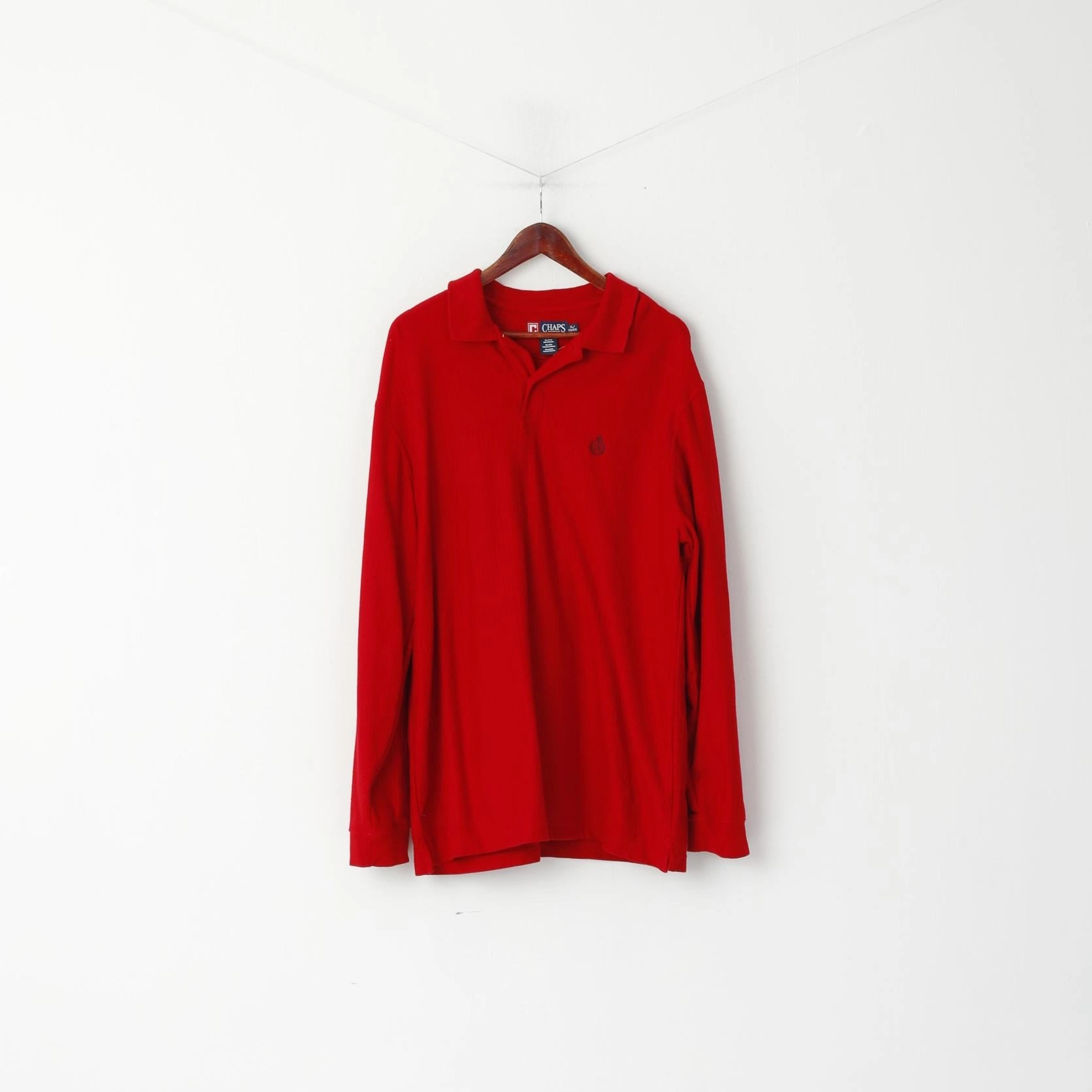 Chaps Men XL Polo Shirt Red Long Sleeve Cotton Sport Logo Detailed Buttons Top Water Based Ink