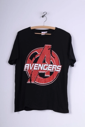 Breathable Design Wear MicroPiqueKnit Primark Marvel Avengers Mens L (S) T-Shirt Graphic Print Black Top Cotton