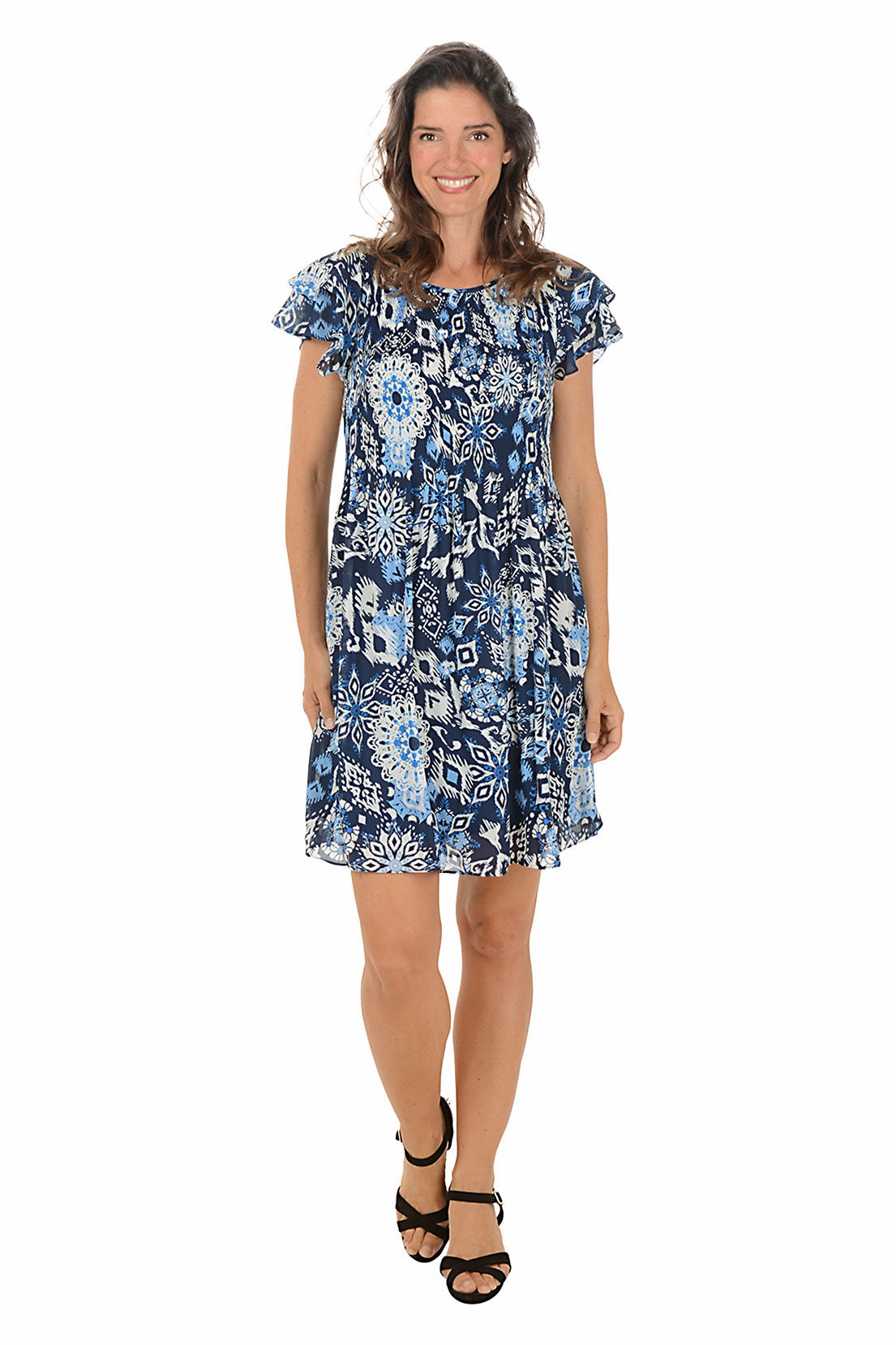 Floral Ikat Flounce Sleeve Pleated Dress Bright Vibe Bold Color