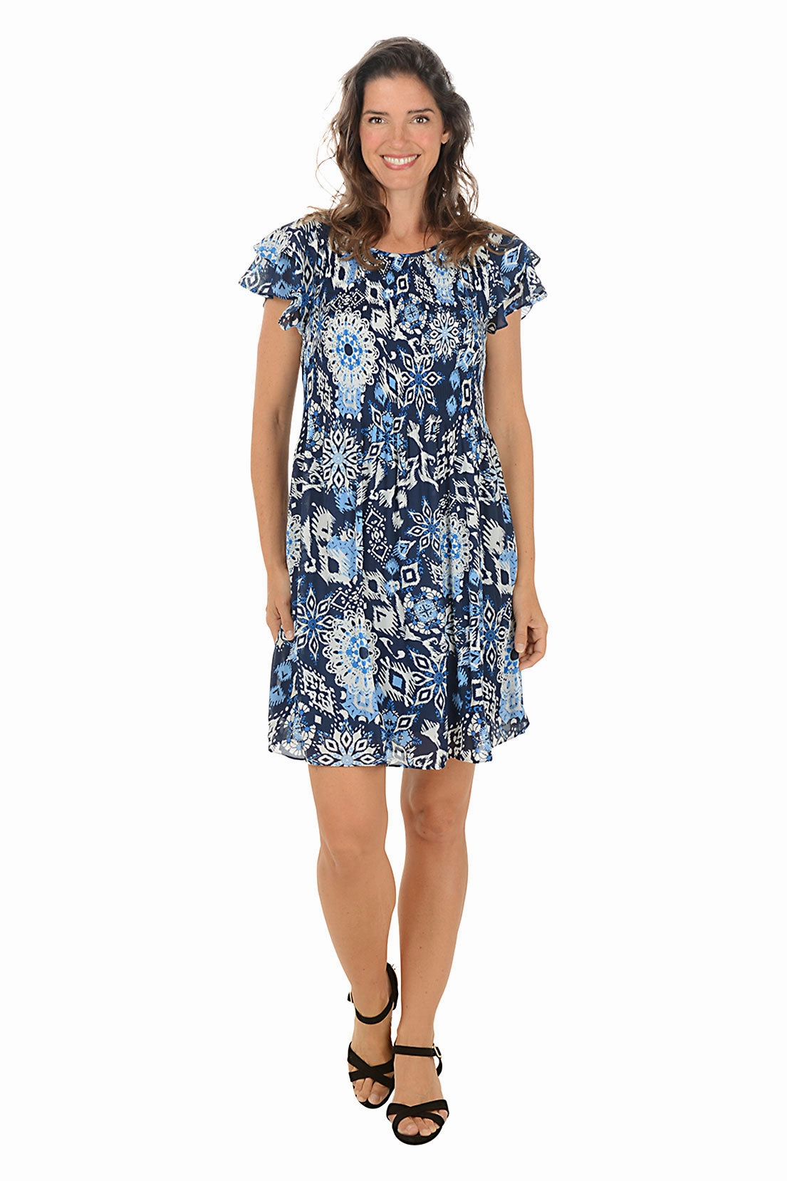 Moment Soft Flower Grace Floral Ikat Flounce Sleeve Pleated Dress