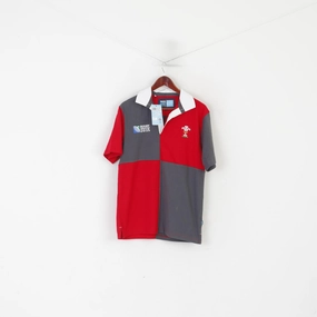 Unique Design New Rugby World Cup 2015 Men M Polo Shirt Gray Red Cotton WRU Harlequin Top