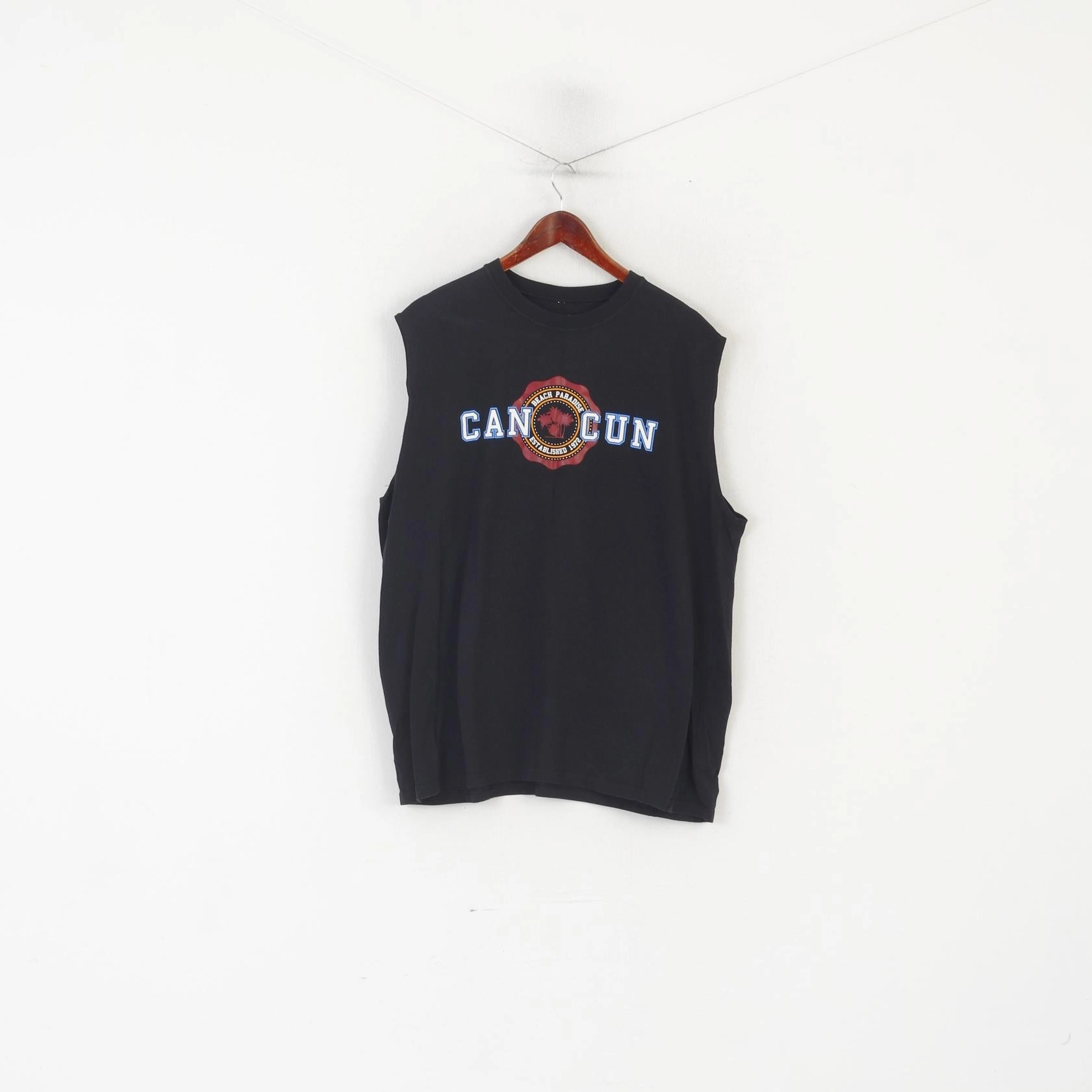 Stylish and Easygoing Tropical Relax Men XXL Shirt Black Cotton Cancun Beach Paradise Sleeveless Top