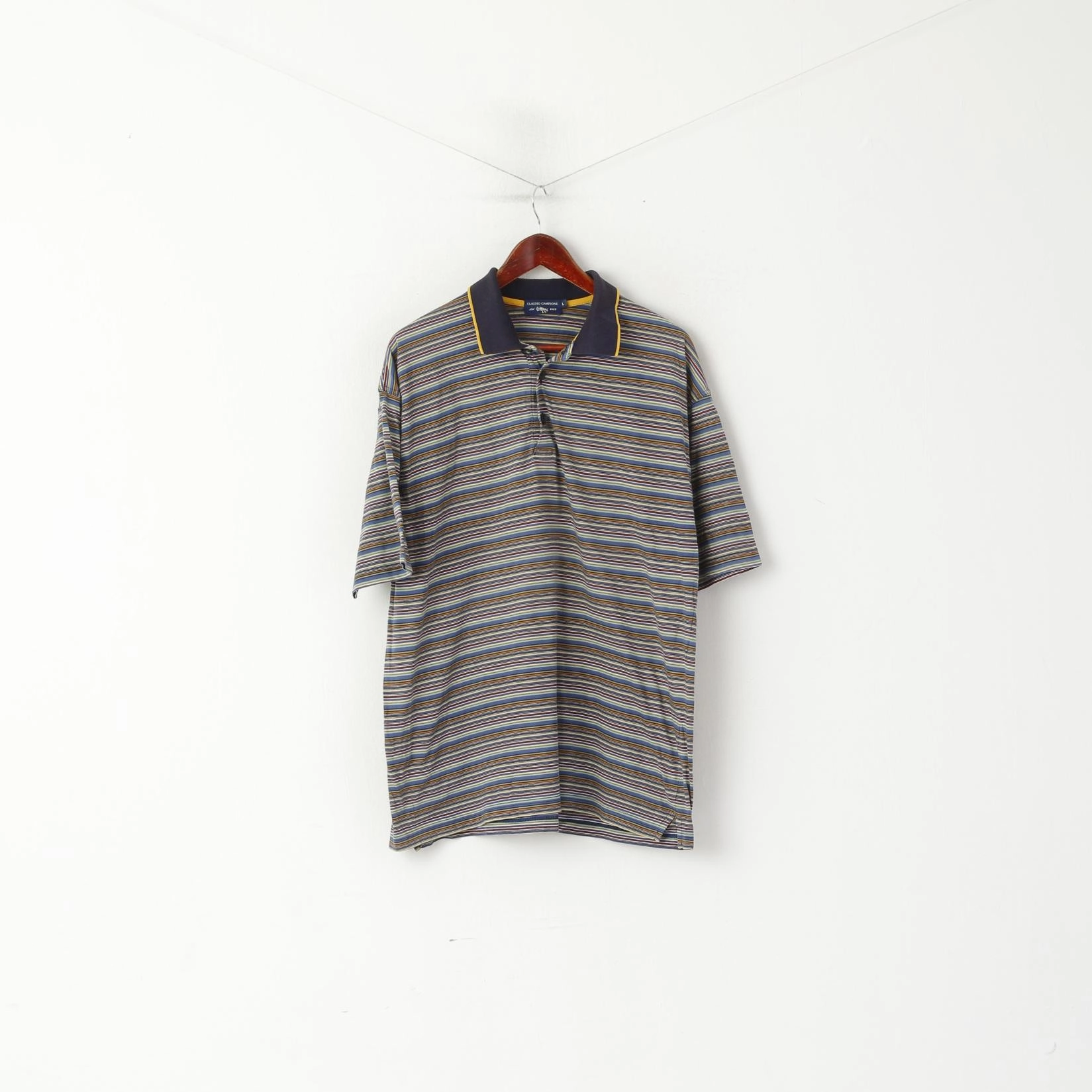 Slim Fit Comfort Smart Outfit Claudio Campione Men L Polo Shirt Navy Striped Cotton Vintage Classic Retro Top