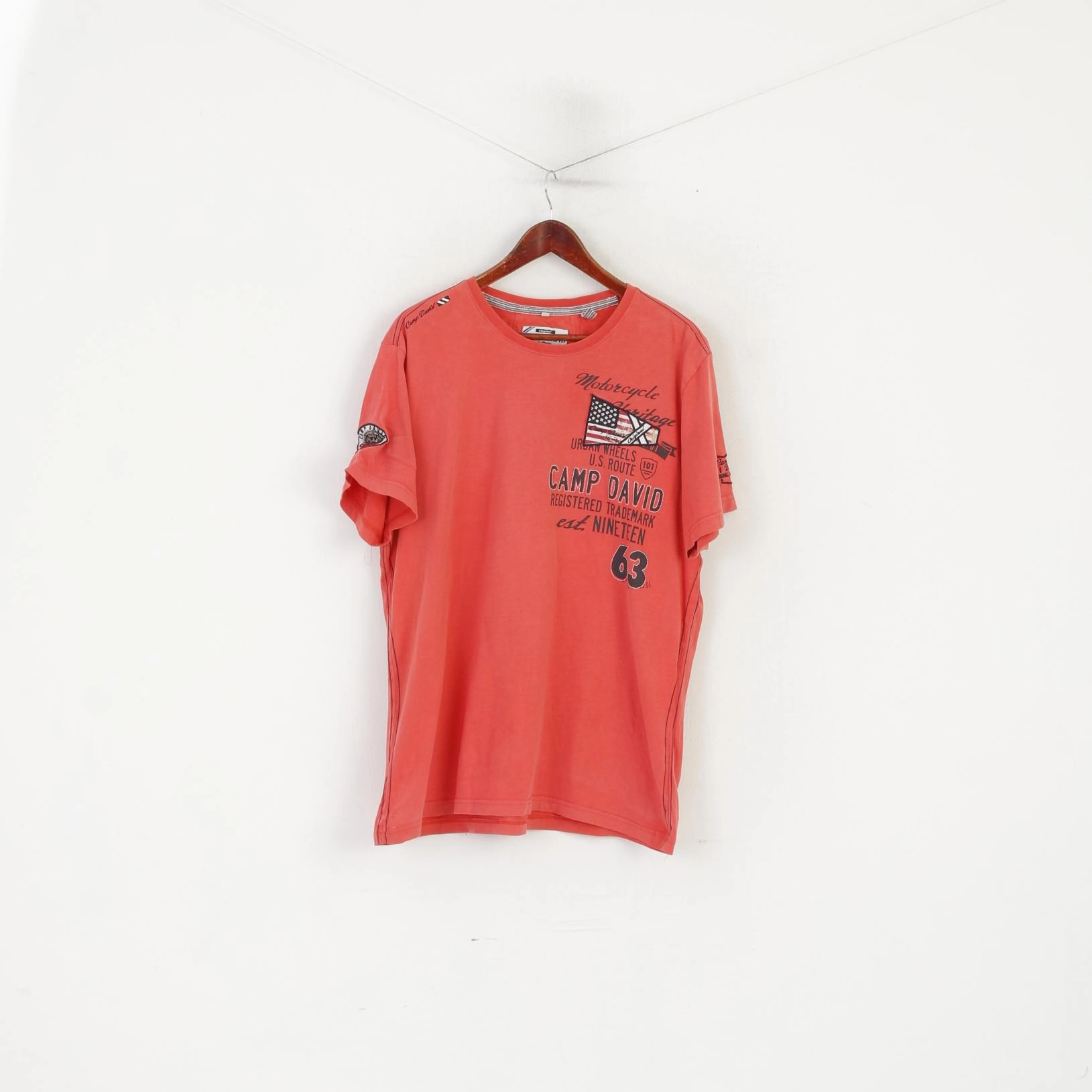 Camp David Men XXL T-Shirt Peach Cotton Embroidered Motorcycle Heritage Top EasyCareFinish Functional Wearable