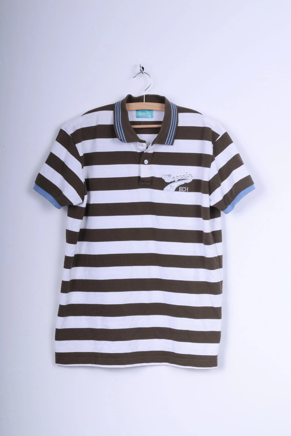 Bench Mens L Polo Shirt Brown White Striped Cotton Captain Short Sleeve Fashion and Comfort