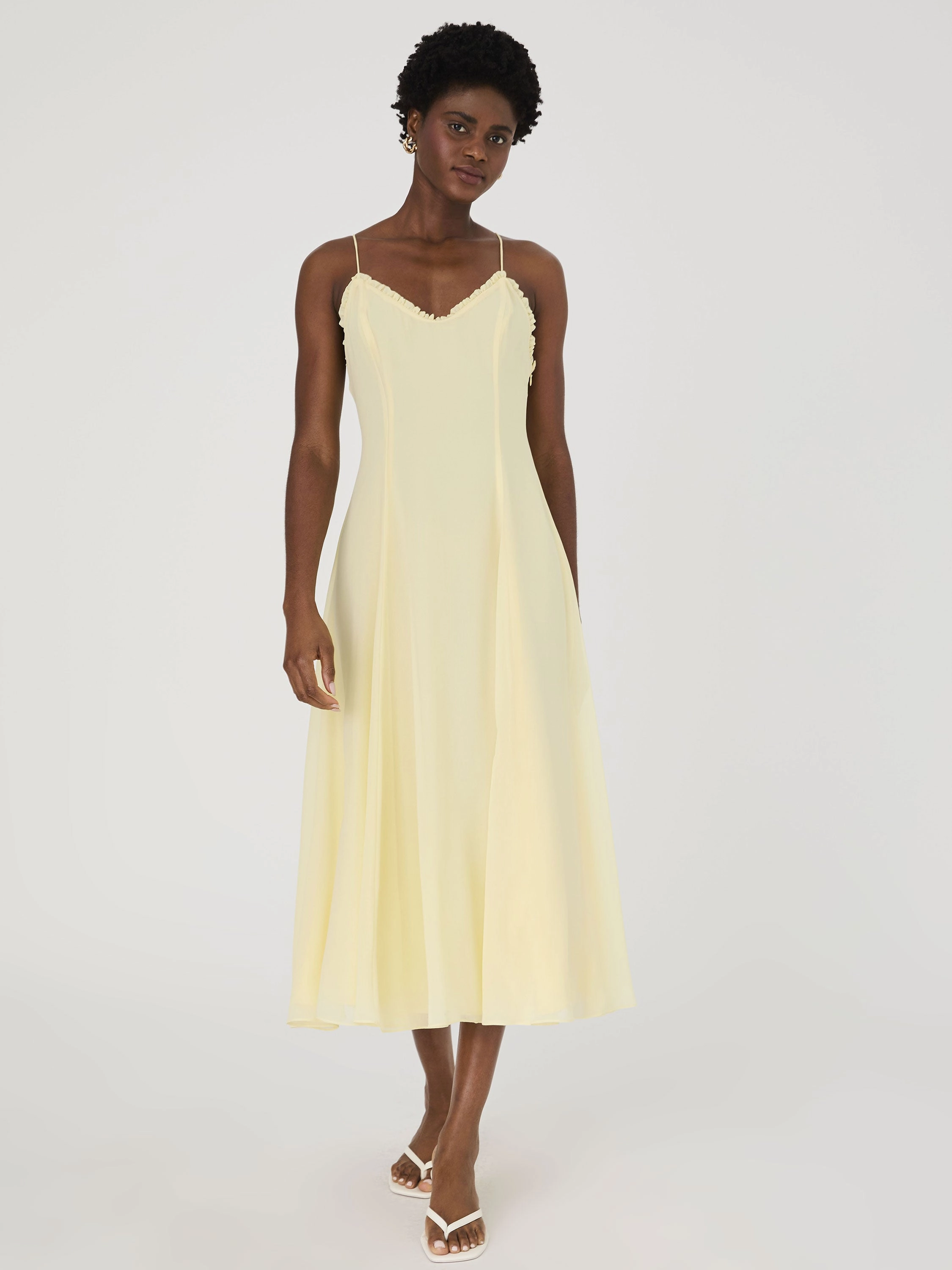 Unique Cut Raya Chiffon Ruffle Neck Midi Dress