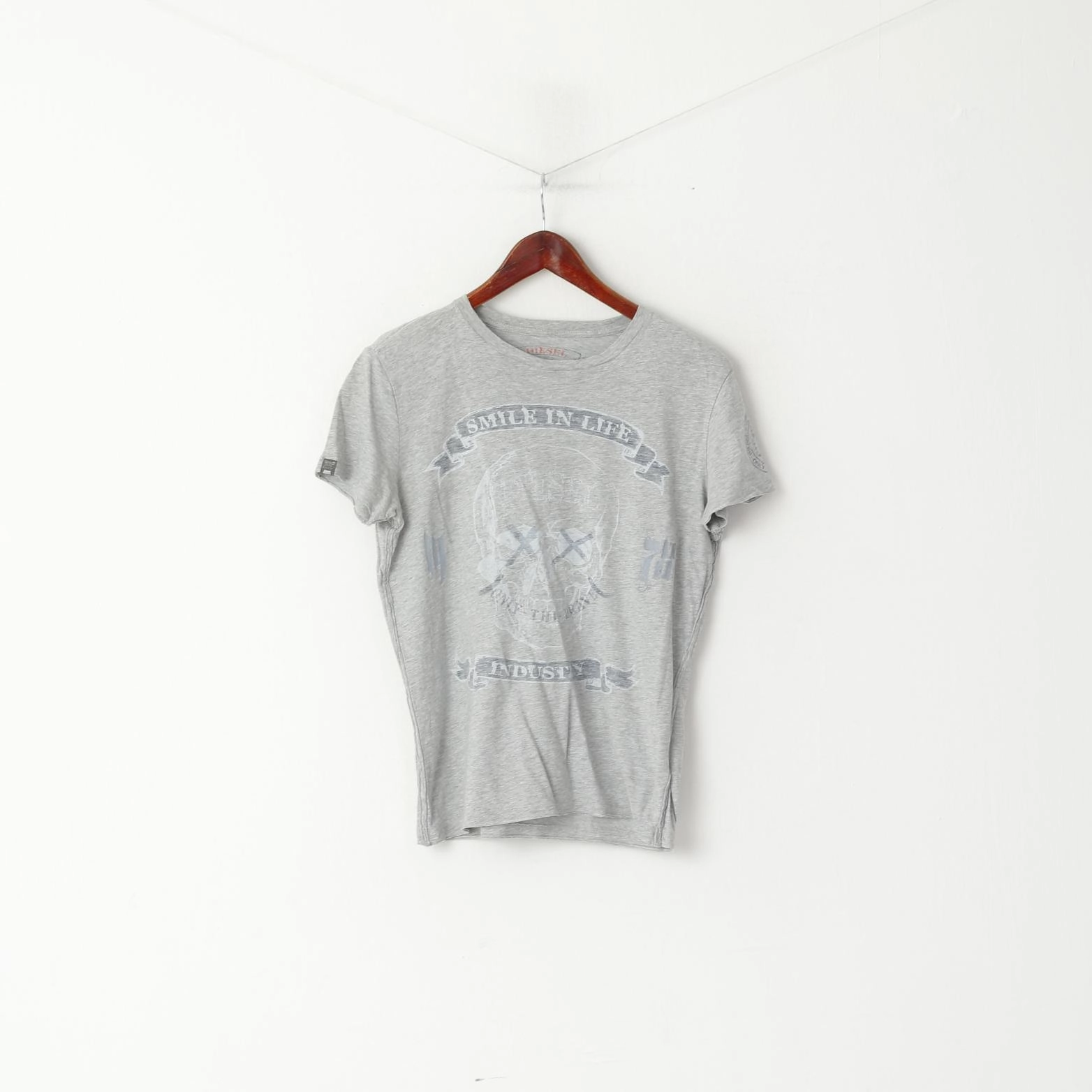 Diesel Industry Men S Shirt Grey Cotton Graphic Crew Neck Smile In Life Top SeamlessSidePanels