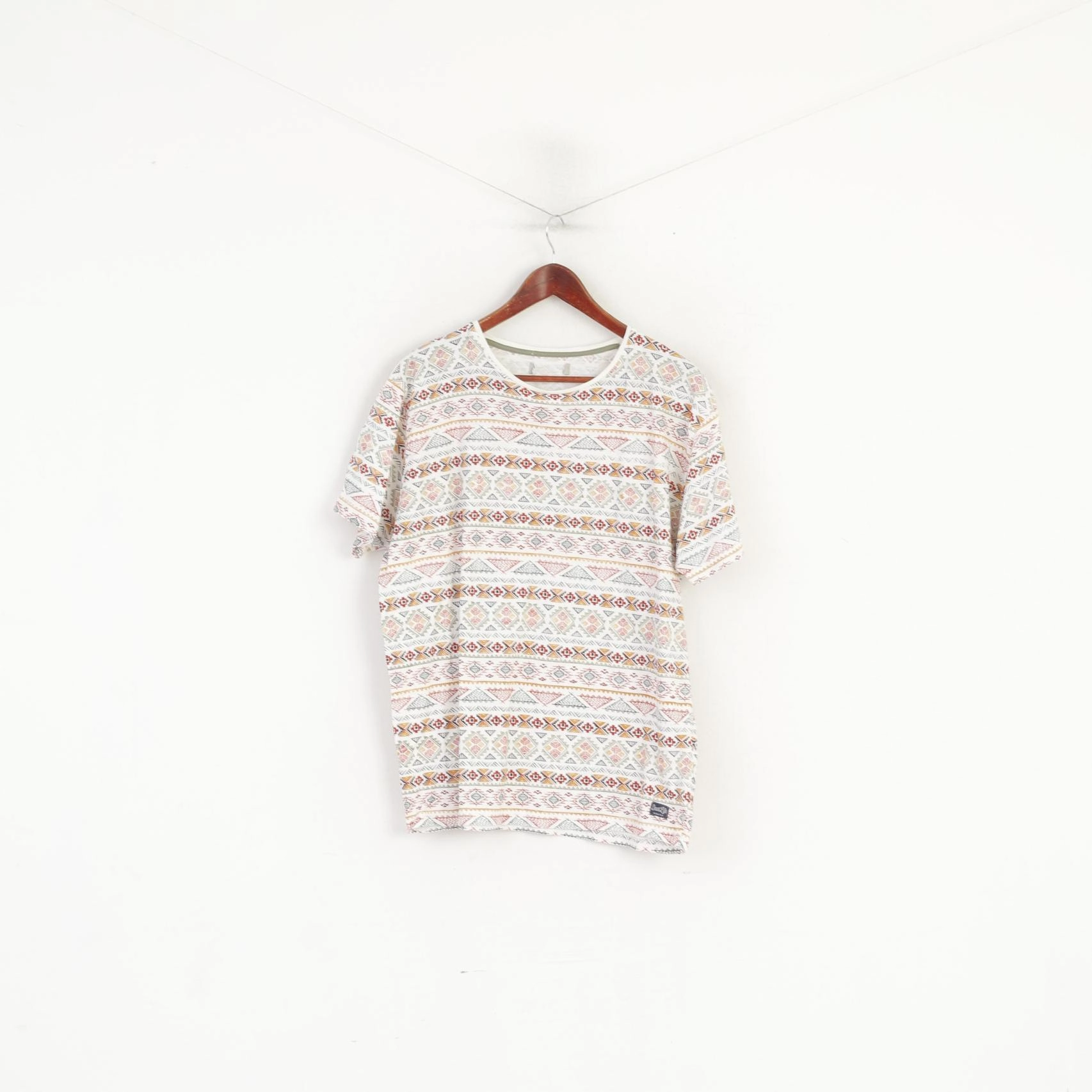 Springfield Men XL Shirt White Aztec Graphic Cotton Summer Top Stylish Wearable