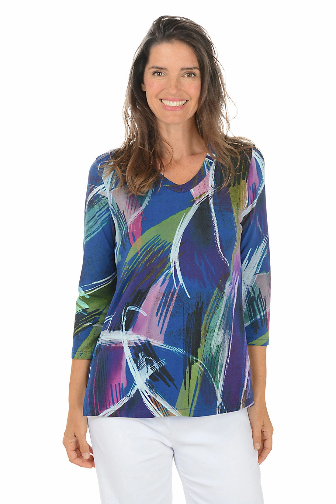 Light Stretch Como Cotton-Blend V-Neck Top