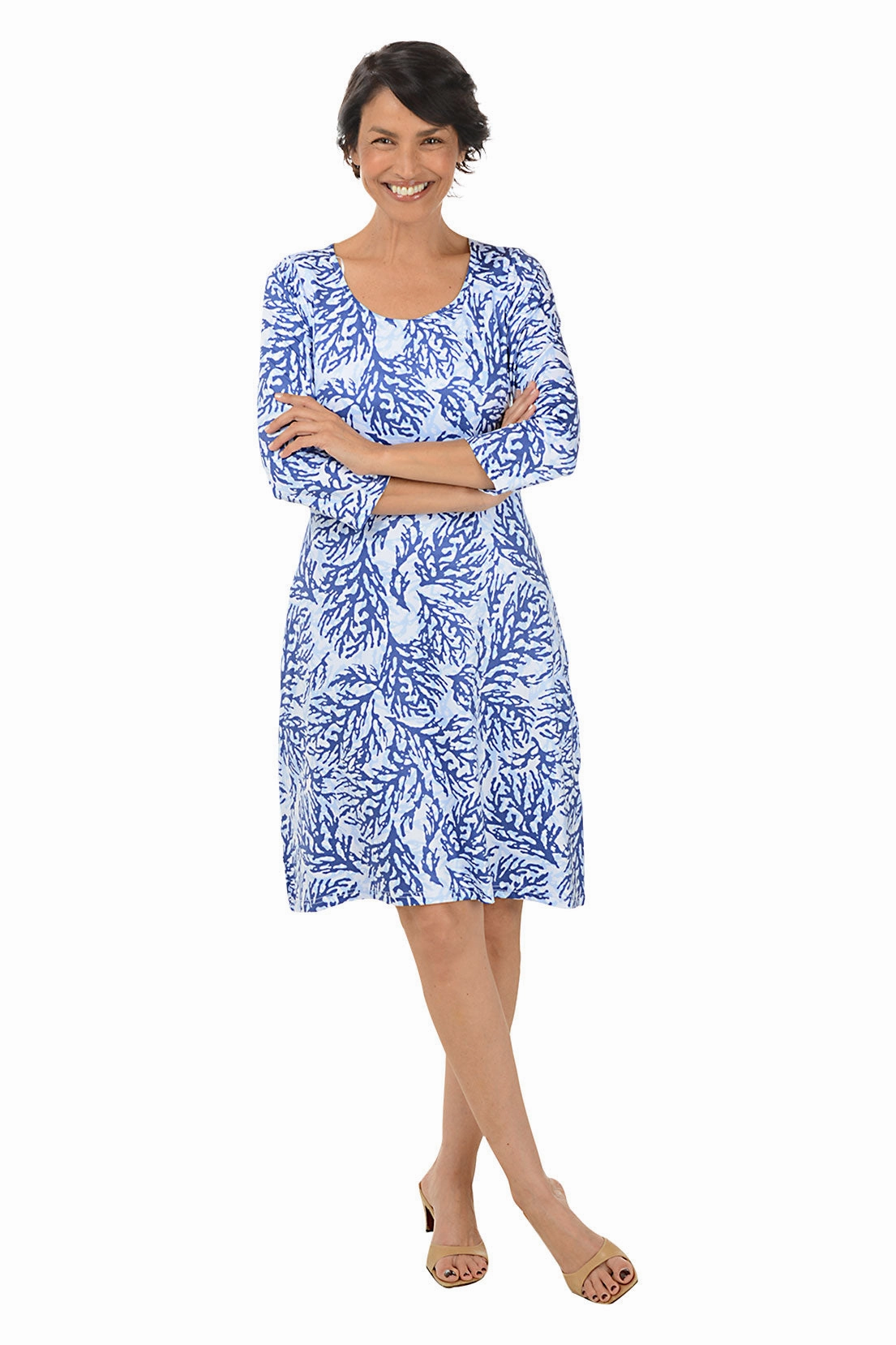 Polite Color Coral 3/4 Sleeve A-Line Dress