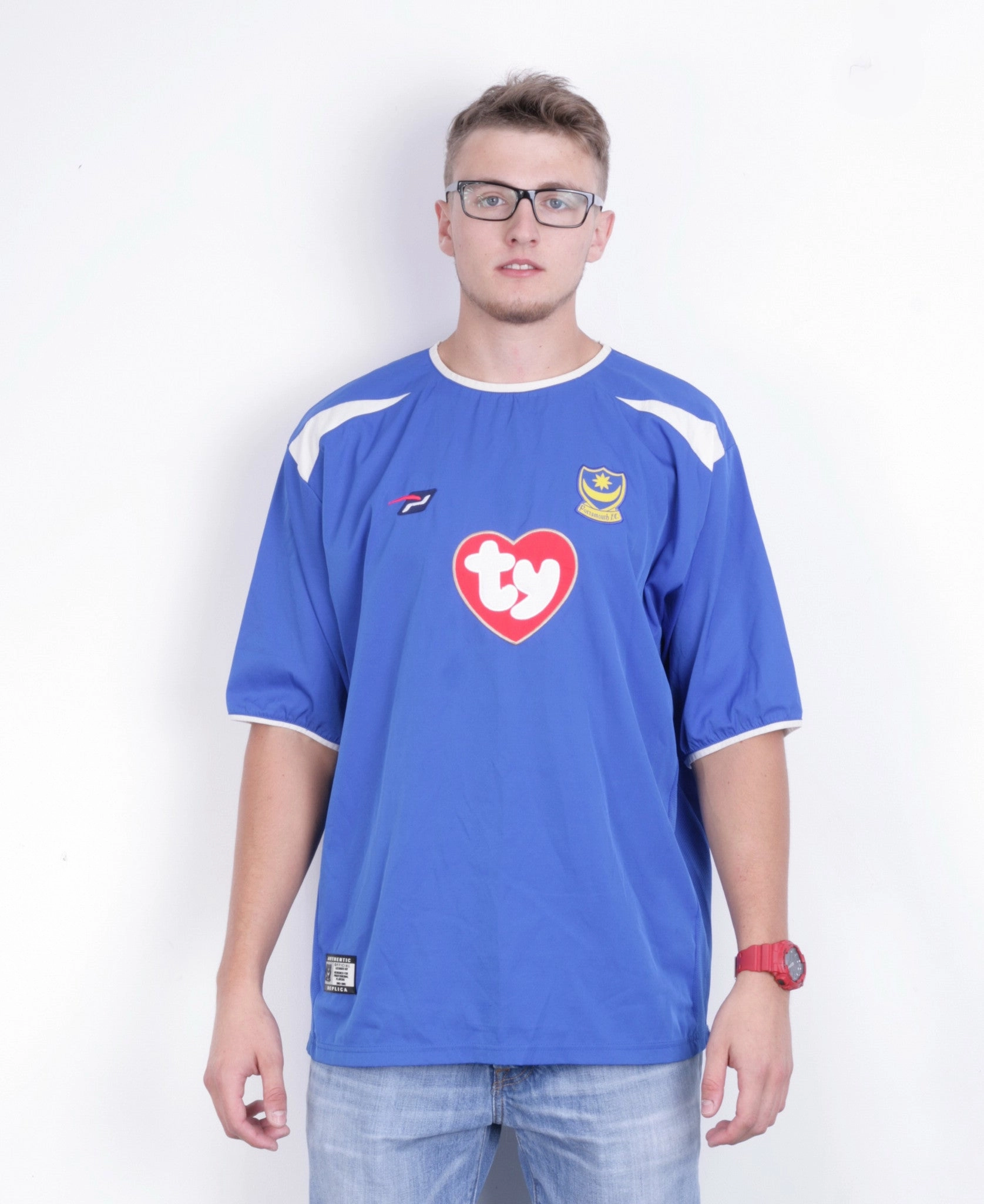 Contrast Inner Binding Portsmouth F.C. Mens XL Shirt Crew Neck Sport Short Sleeve