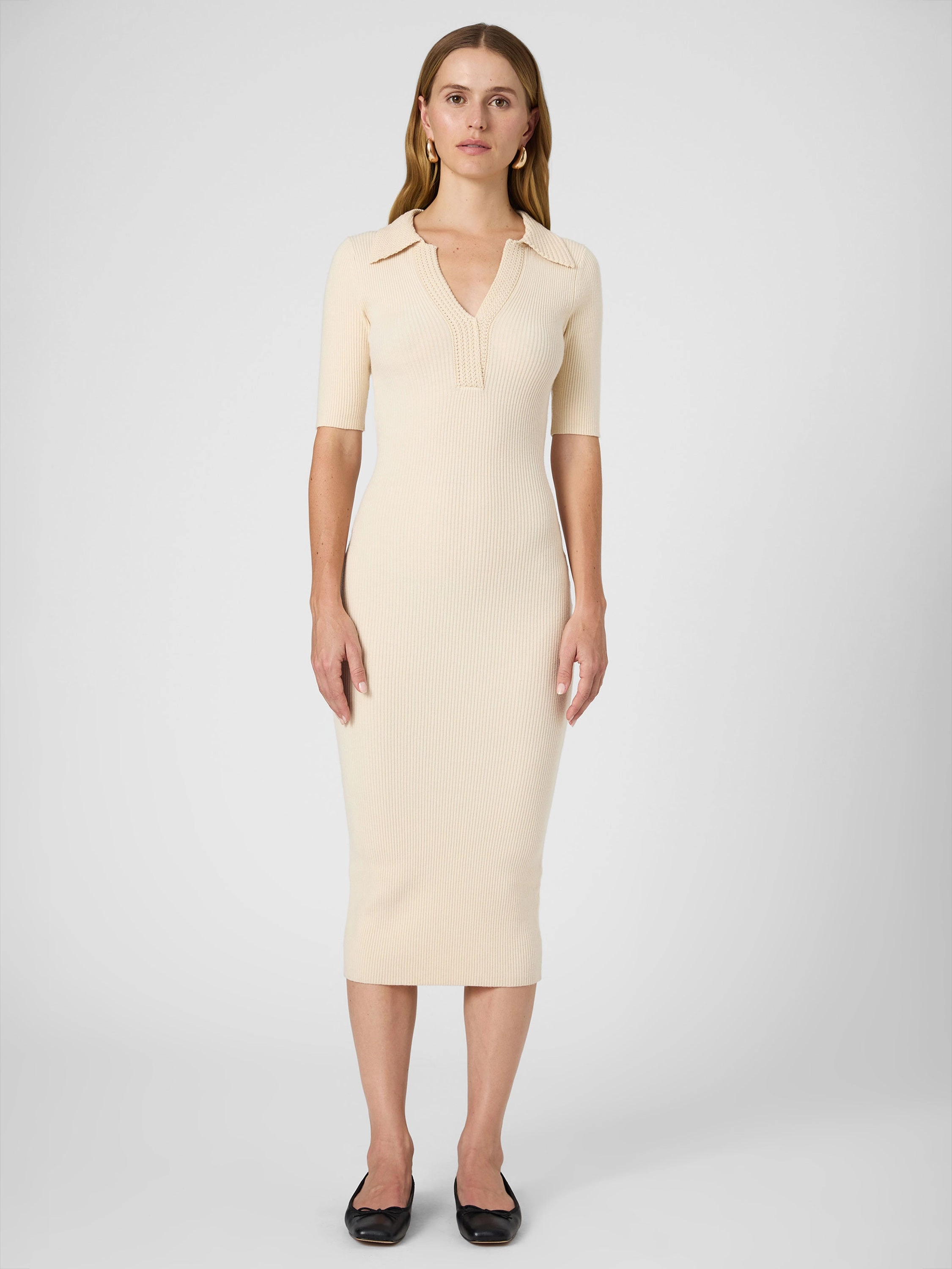 Cosysoft V Neck Midi Dress Minimalist fit-and-flare Relaxing Style