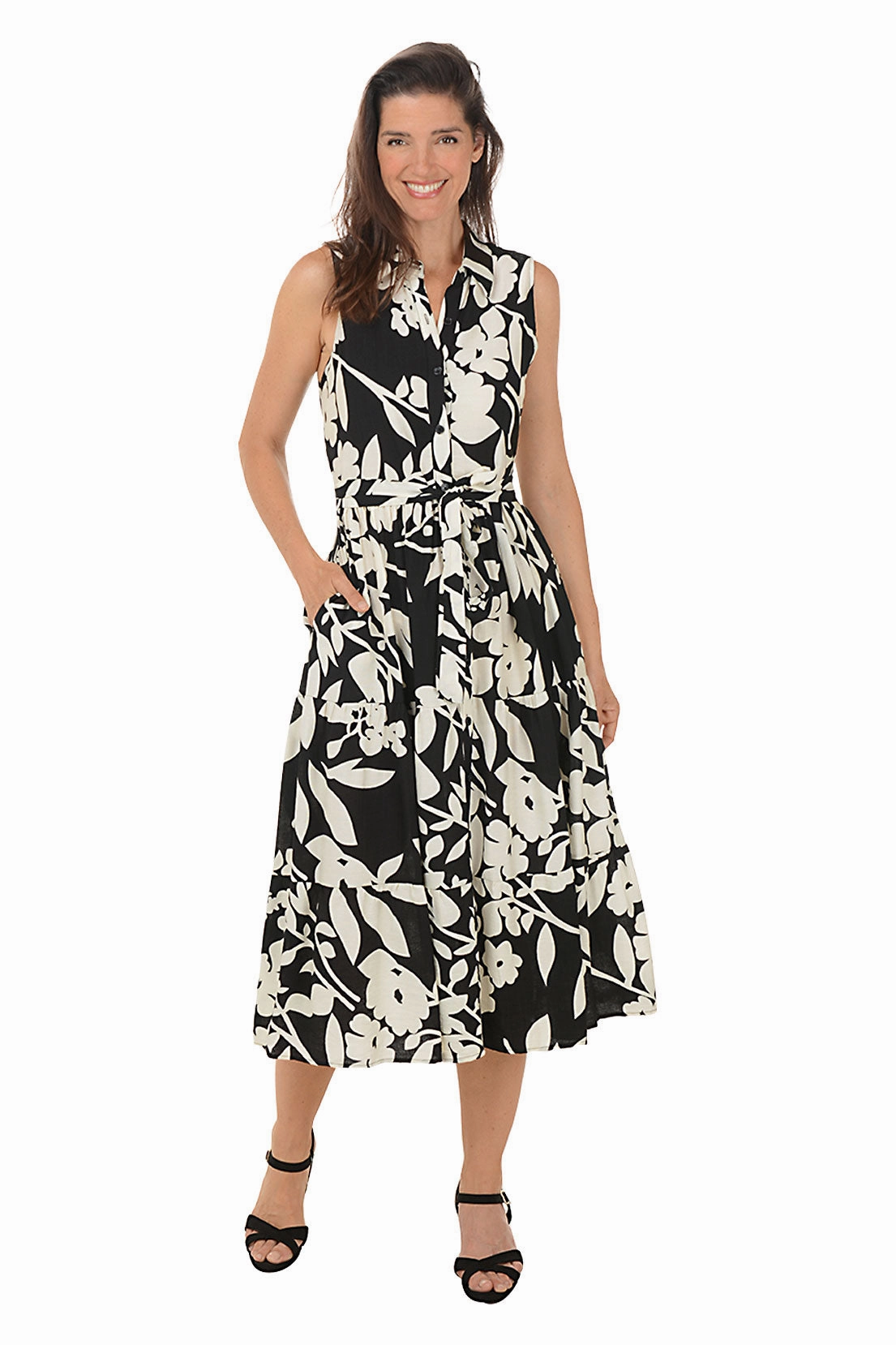 Monochrome Floral Sleeveless Button-Front Dress High Neck Trendy Tailoring