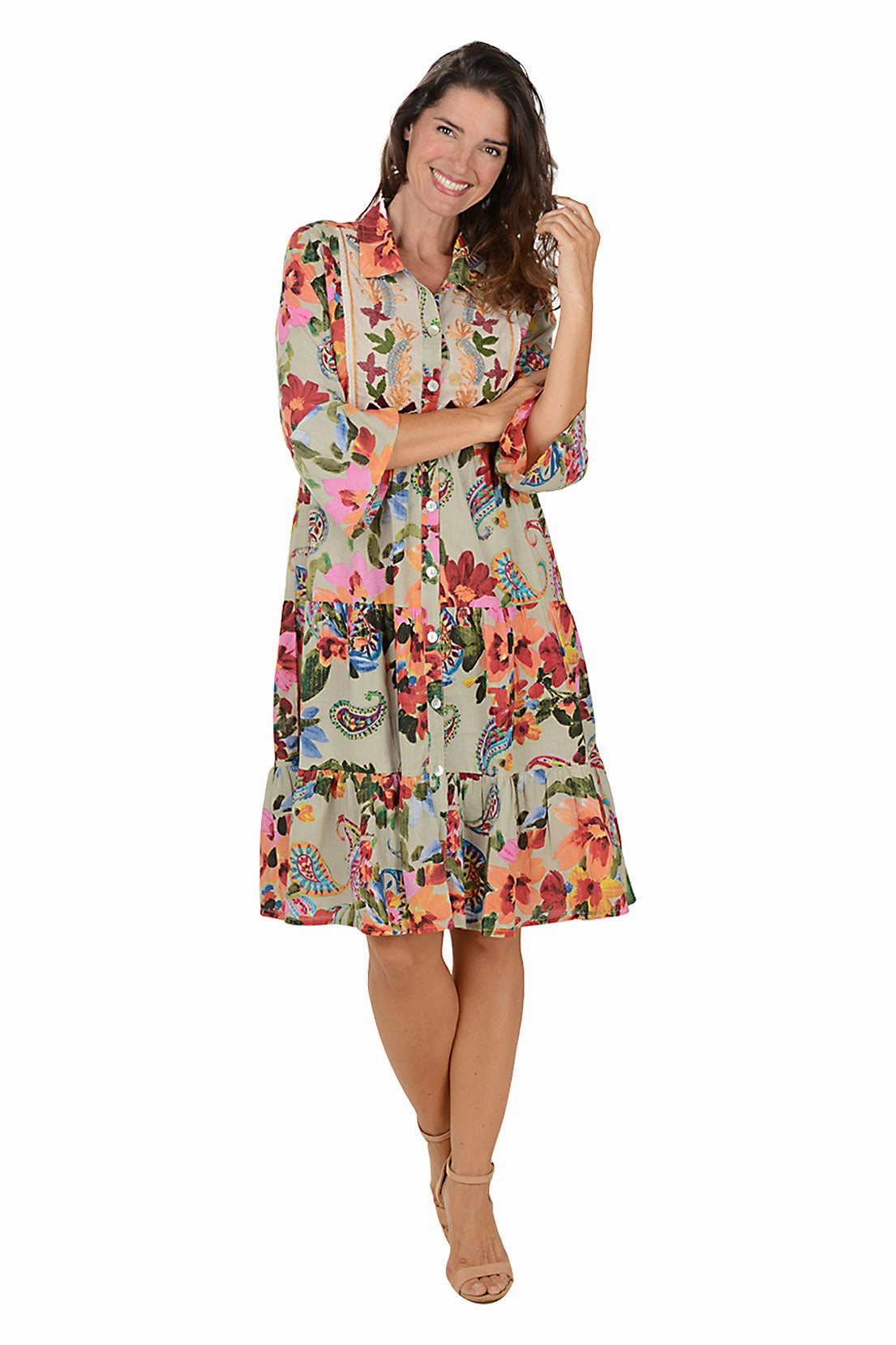Flattering Cut Waverly Paisley Tiered Button-Front Dress