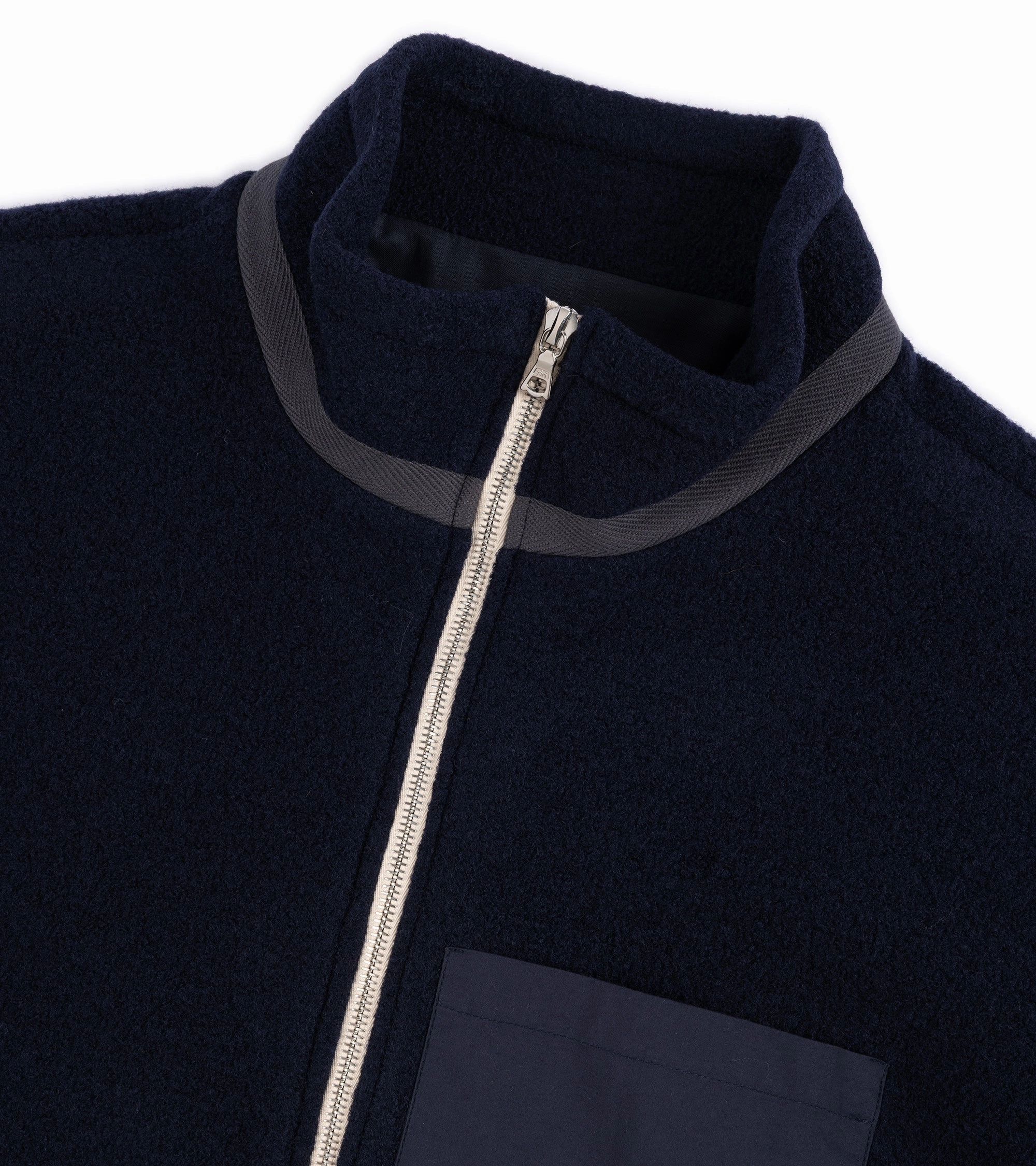 De Bonne Facture Boiled Wool Sherpa Jacket: Navy Sleek Layer Look Stretch Material