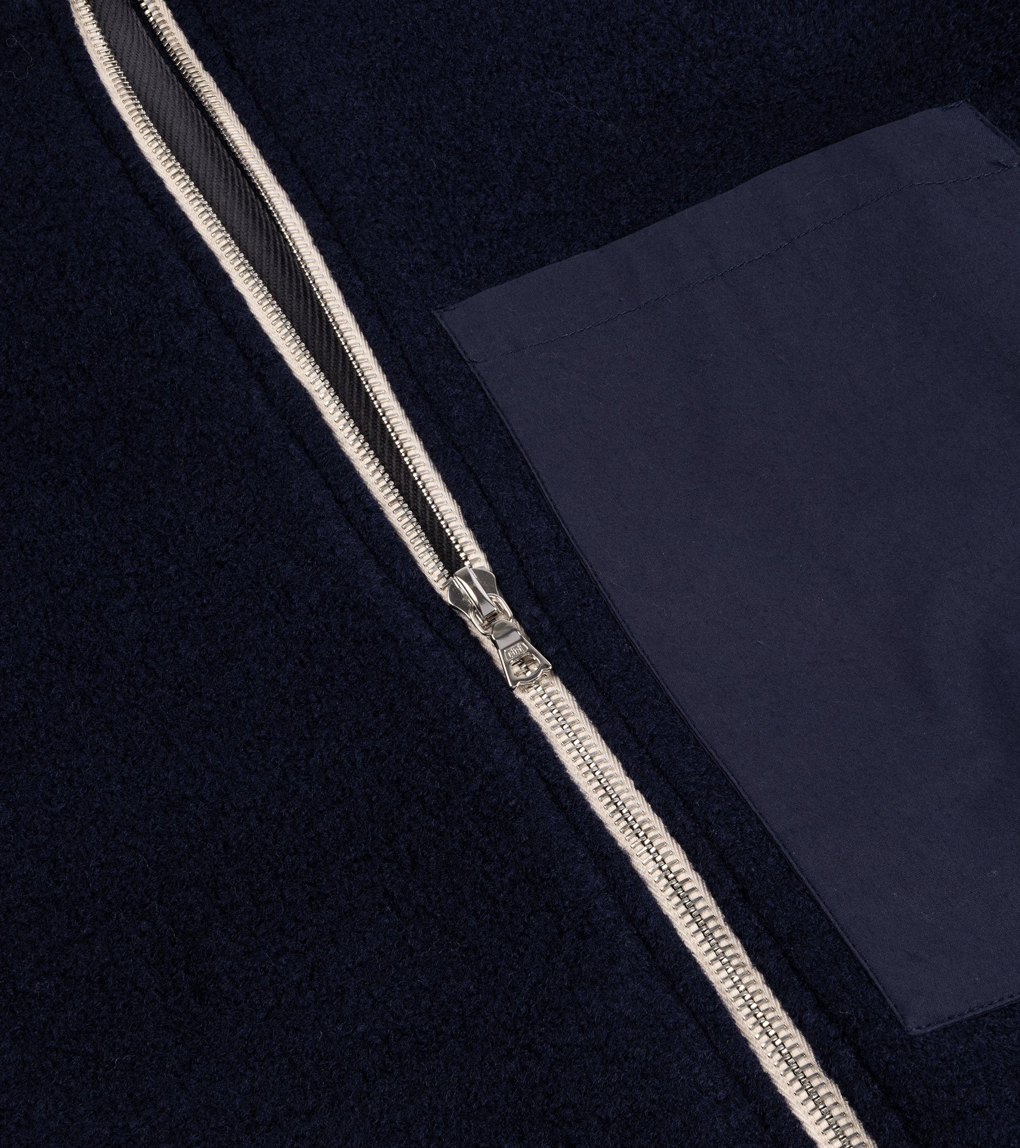 De Bonne Facture Boiled Wool Sherpa Jacket: Navy Neutral Tone HighVisibility Trims