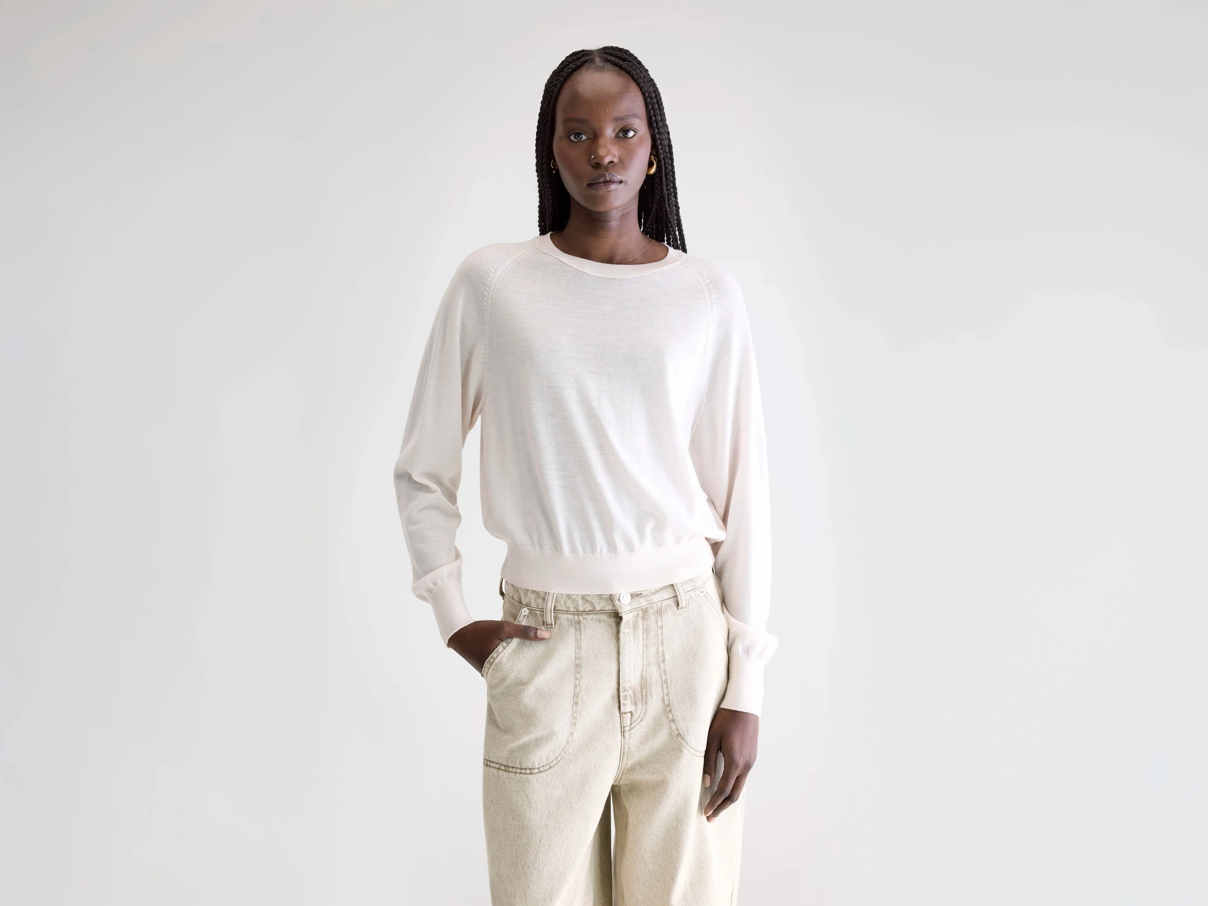 Layer Option Chunky Cable Pattern Delen classic crewneck sweater (252 / W / IVORY)