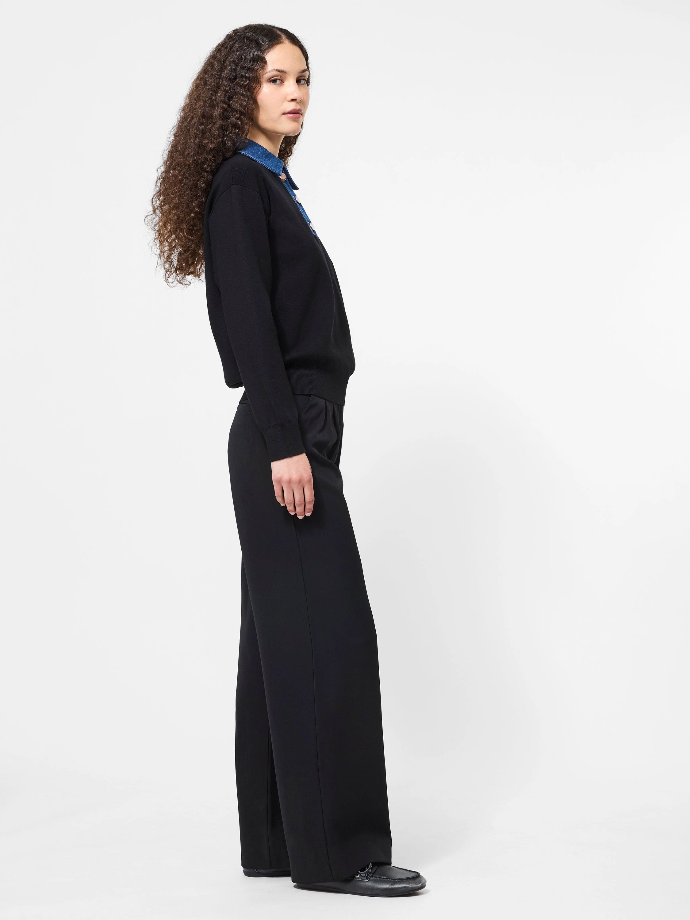 Denim Collar Sweater Layered Stitch Details UV Protection