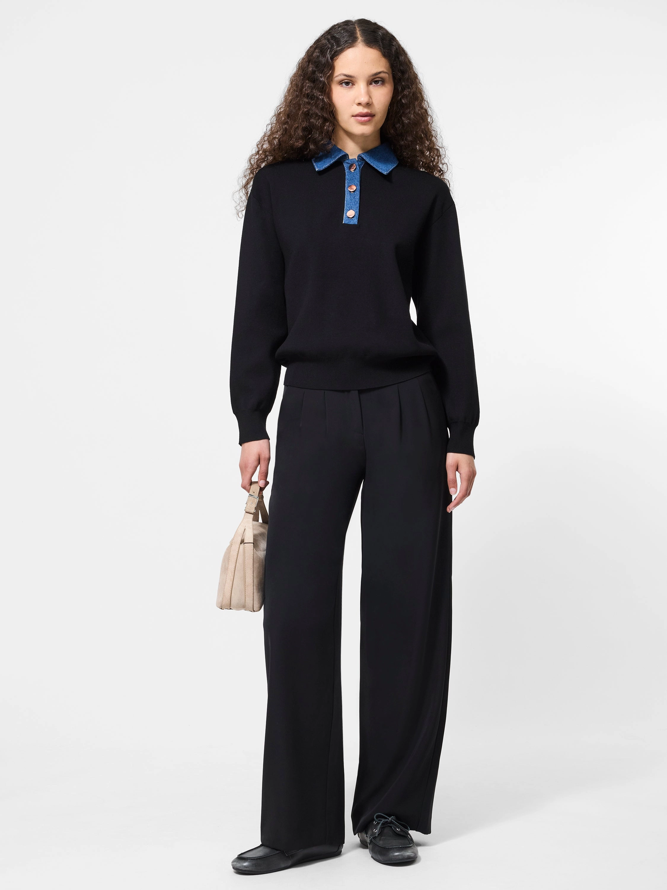 Denim Collar Sweater Unisex Appeal Drop Shoulder Cut