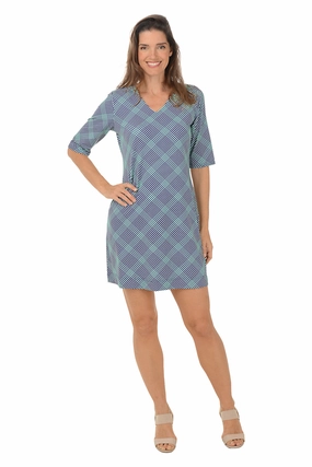 Navy Gingham V-Neck UPF50  Dress Smooth Tone Dreamy Drape