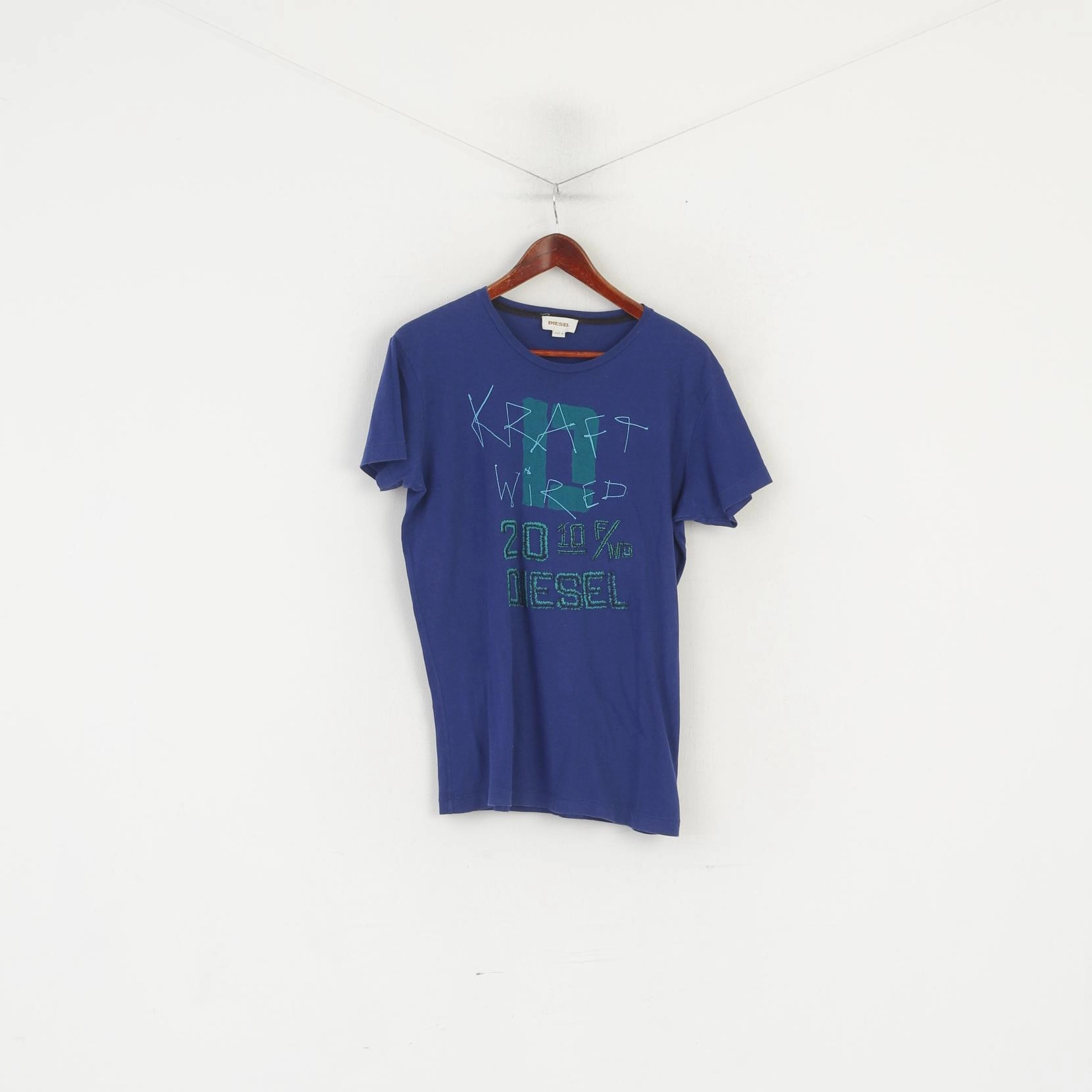 Diesel Men M Shirt Blue Cotton Graphic Embroidered Crew Neck Classic Top teenagers'