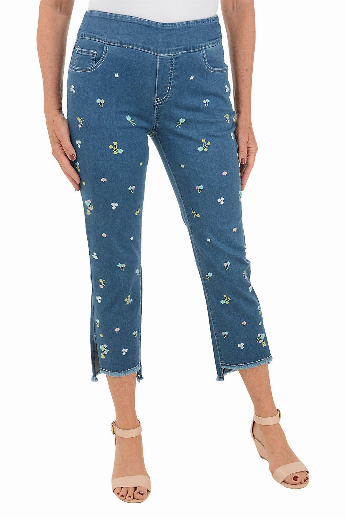Ditsy Flower Embroidered Denim Ankle Pant Stretch Support