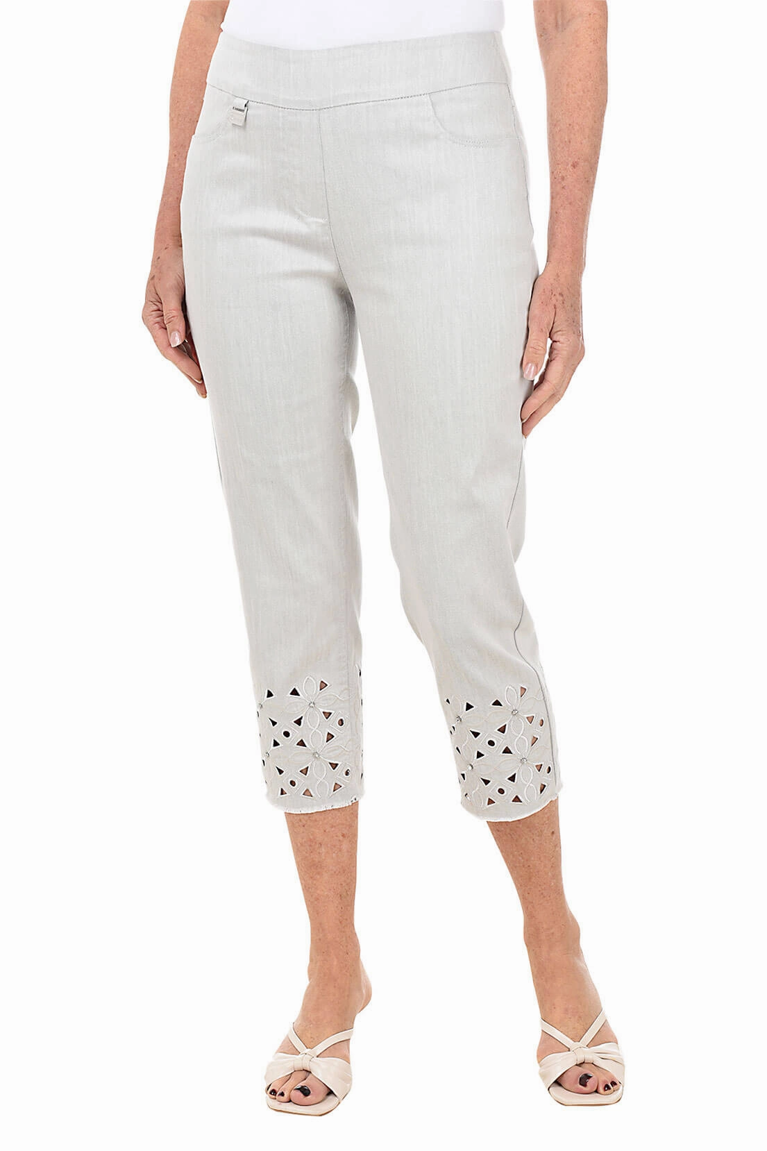 Perfectly Fit Rhinestone Flower Eyelet Hem Denim Capri Pant
