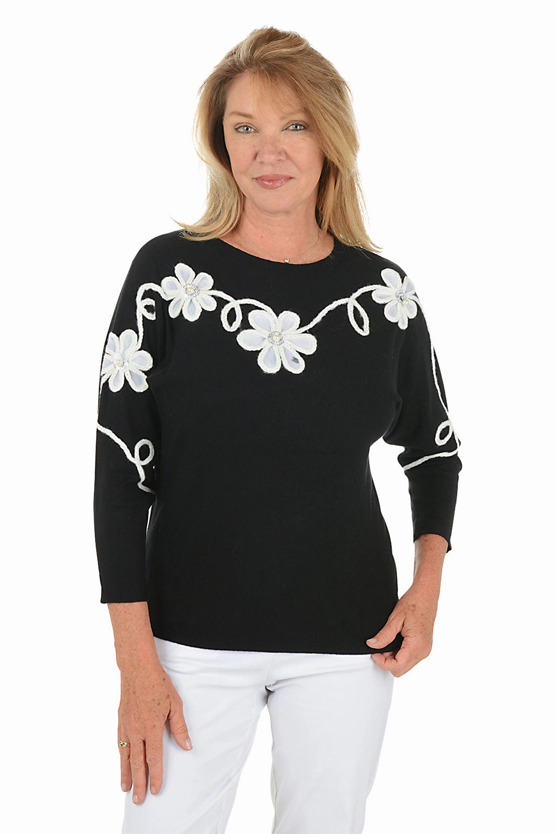 Polo Neckline Braided Felt Flower Dolman Sleeve Sweater