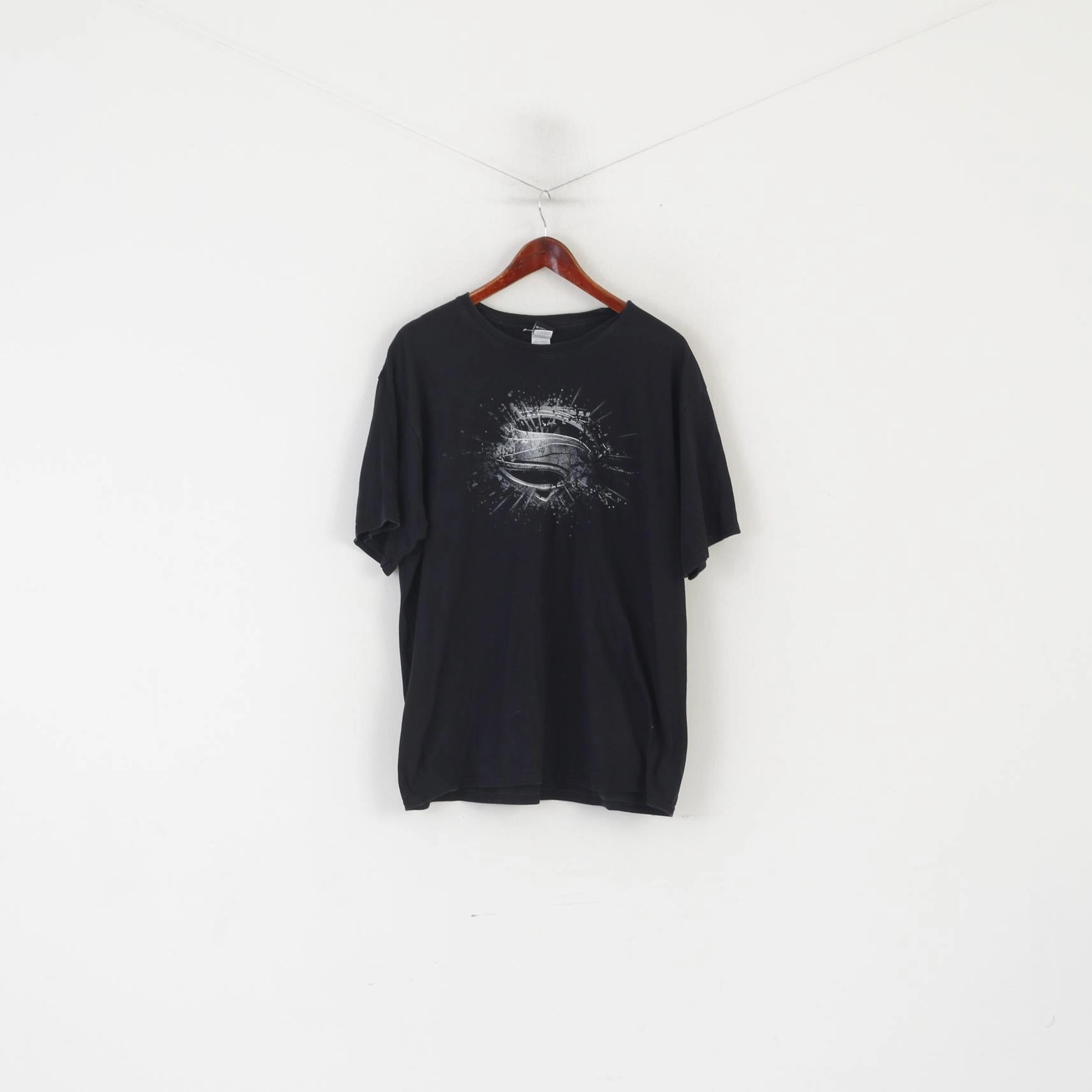 Cycling endurance Gildan Man Of Steel Men 2XL T- Shirt Black Cotton Graphic Vintage Crew Neck Top