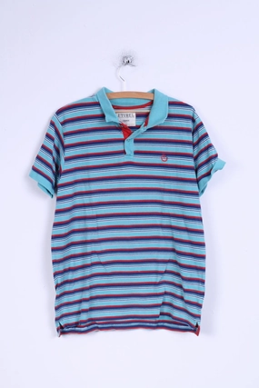 Etirel Mens XL (L) Polo Shirt Blue Striped Cotton Detailed Buttons Non-toxic