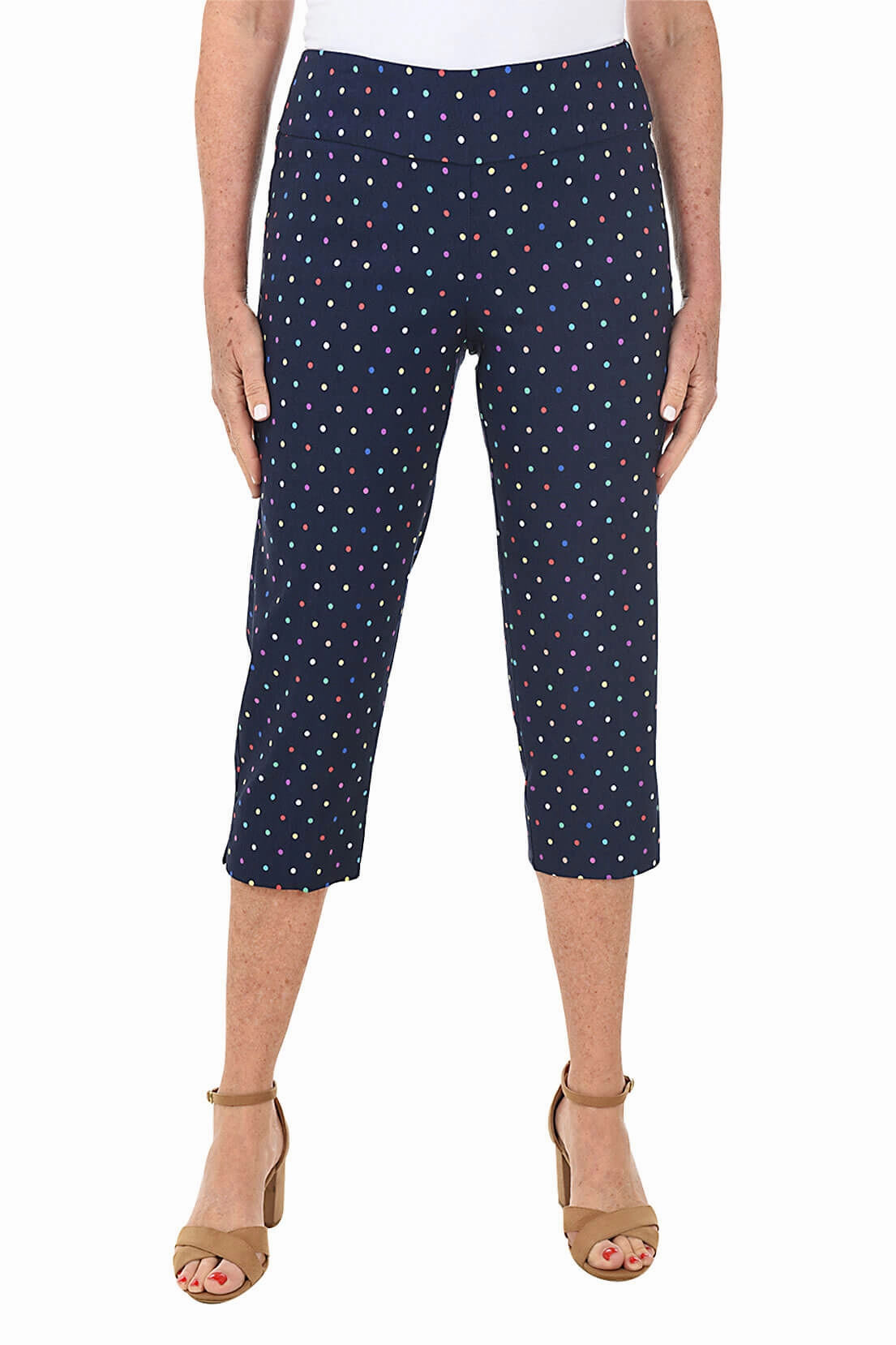 Petite Navy Rainbow Dots Pull-On Crop Pant Quick Dry Fabric Simple Style