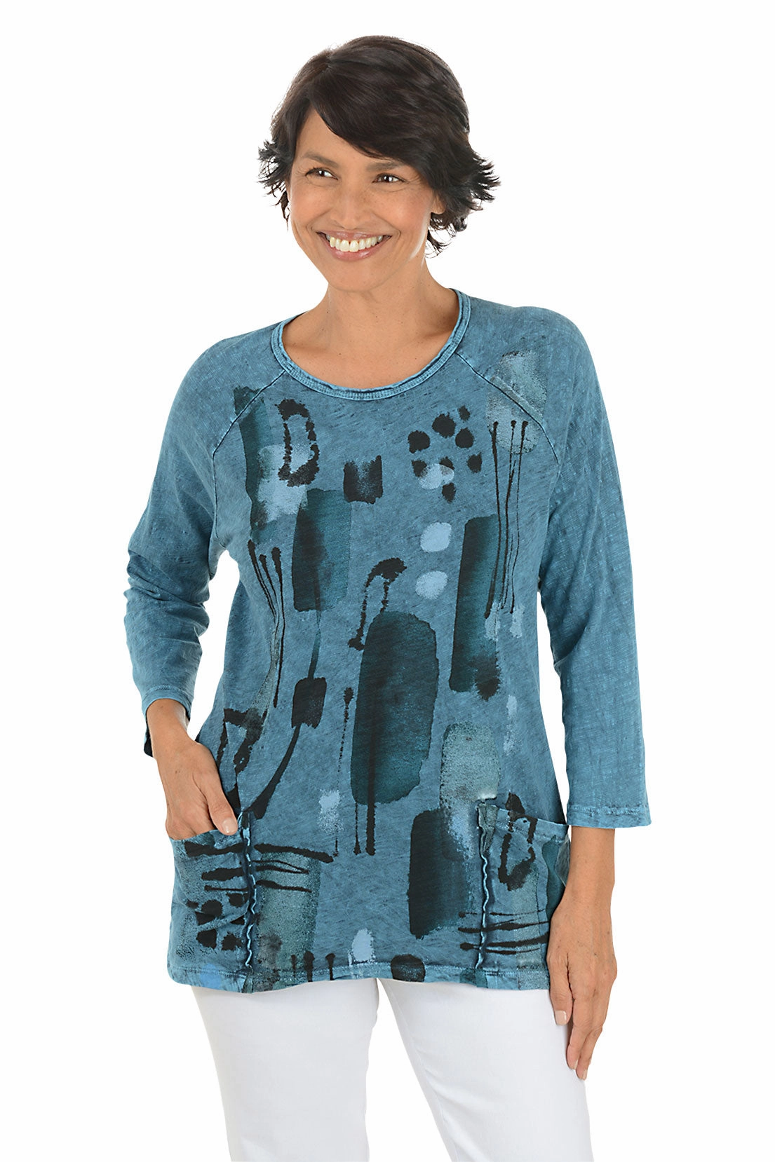 Maze Mineral Wash Double Pocket Knit Top Soft Touch Texture Simple Knitwear