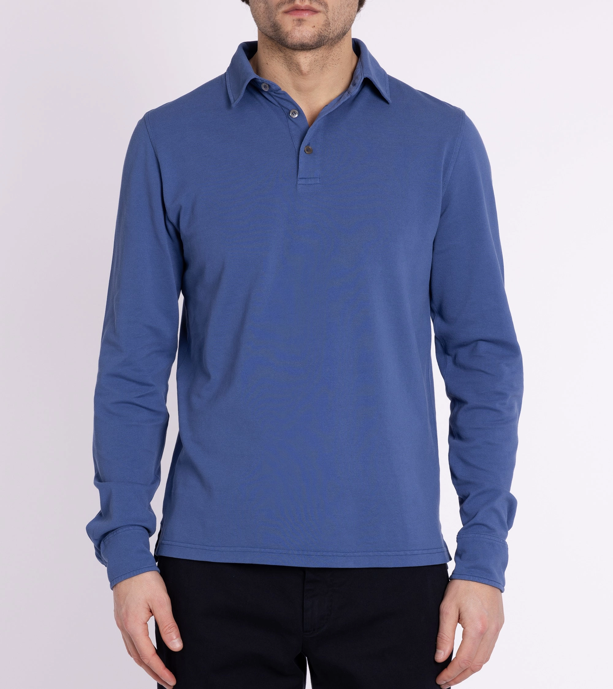 Trunk Moxon Long Sleeve Polo Shirt: Mid Blue Relaxed Comfort Dimensional Stability Weave