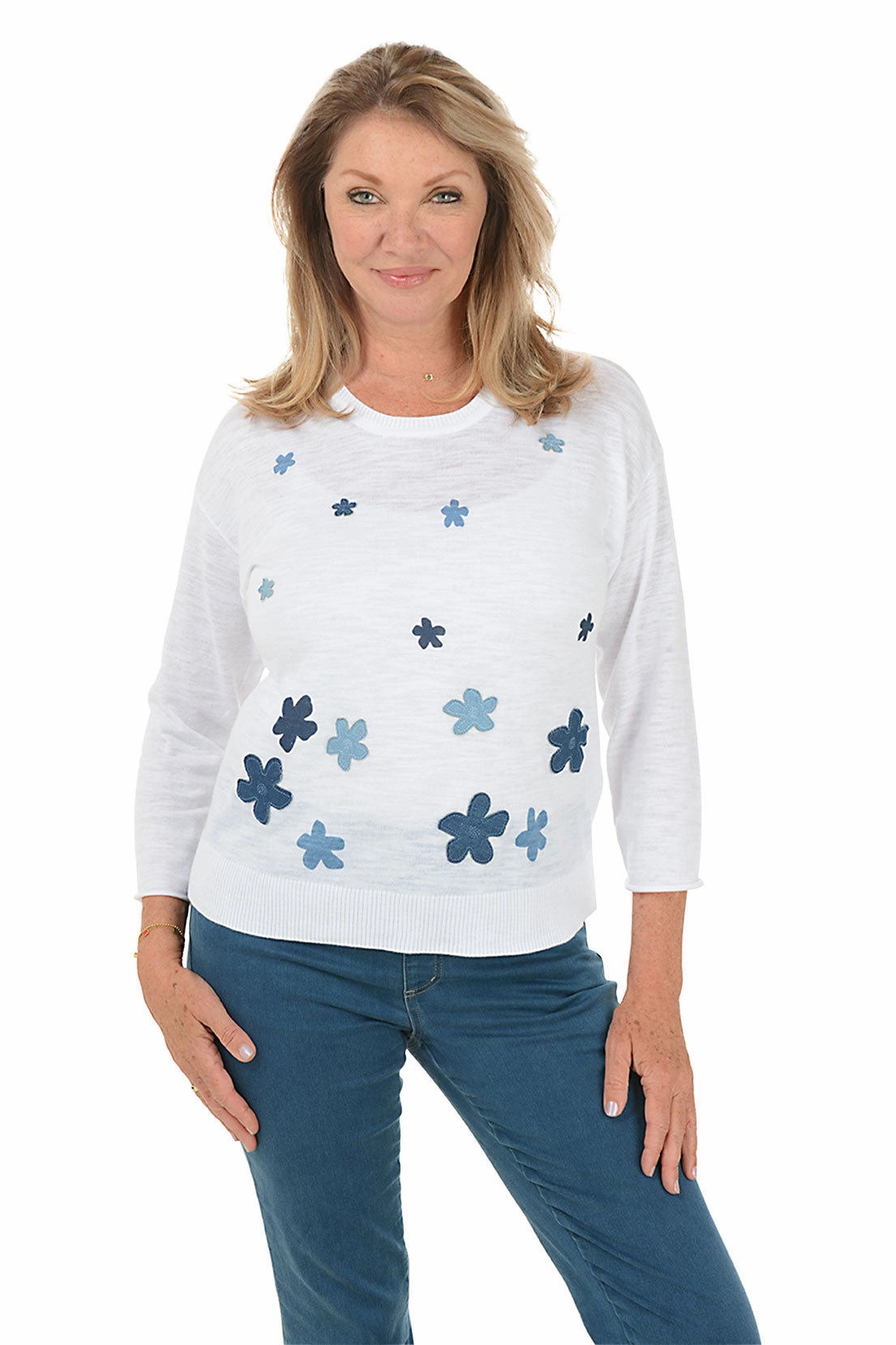 Ribbed Knit Denim Flower Applique Sweater
