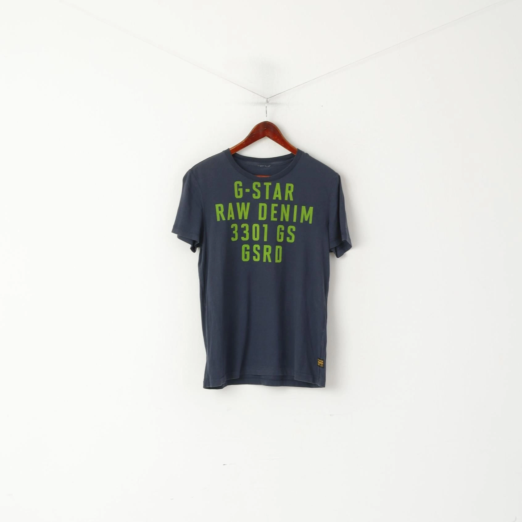 Easy Care G-Star Raw Denim Men S Shirt Navy Cotton Green Logo Crew Neck Short Sleeve Top
