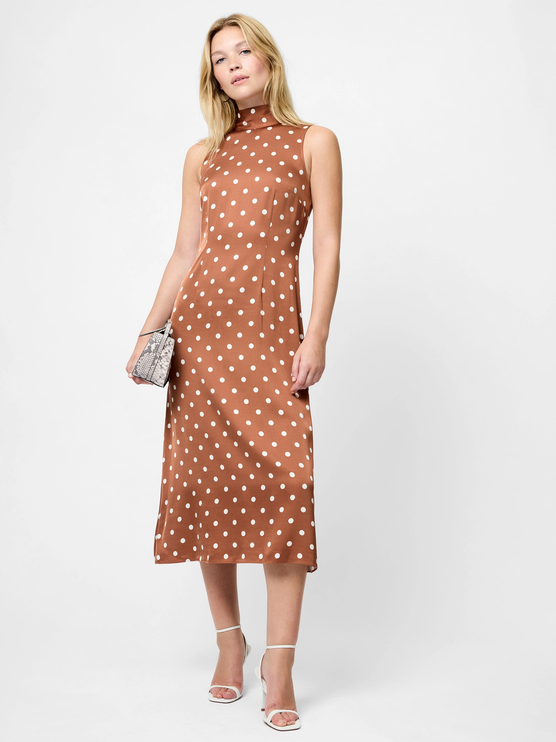 Ennis Satin Polka Dot Midi Dress Stylish Silhouette Formed Look