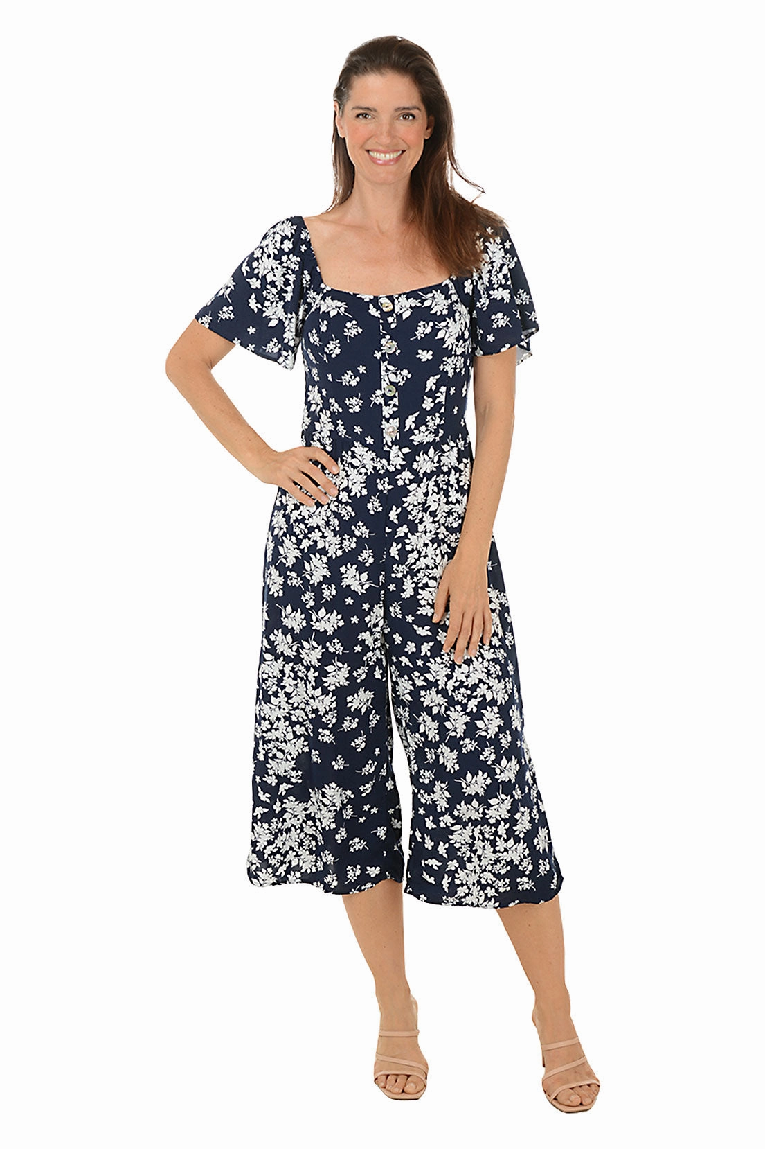 Oversized-Fit Navy Floral Square Neck Jumpsuit