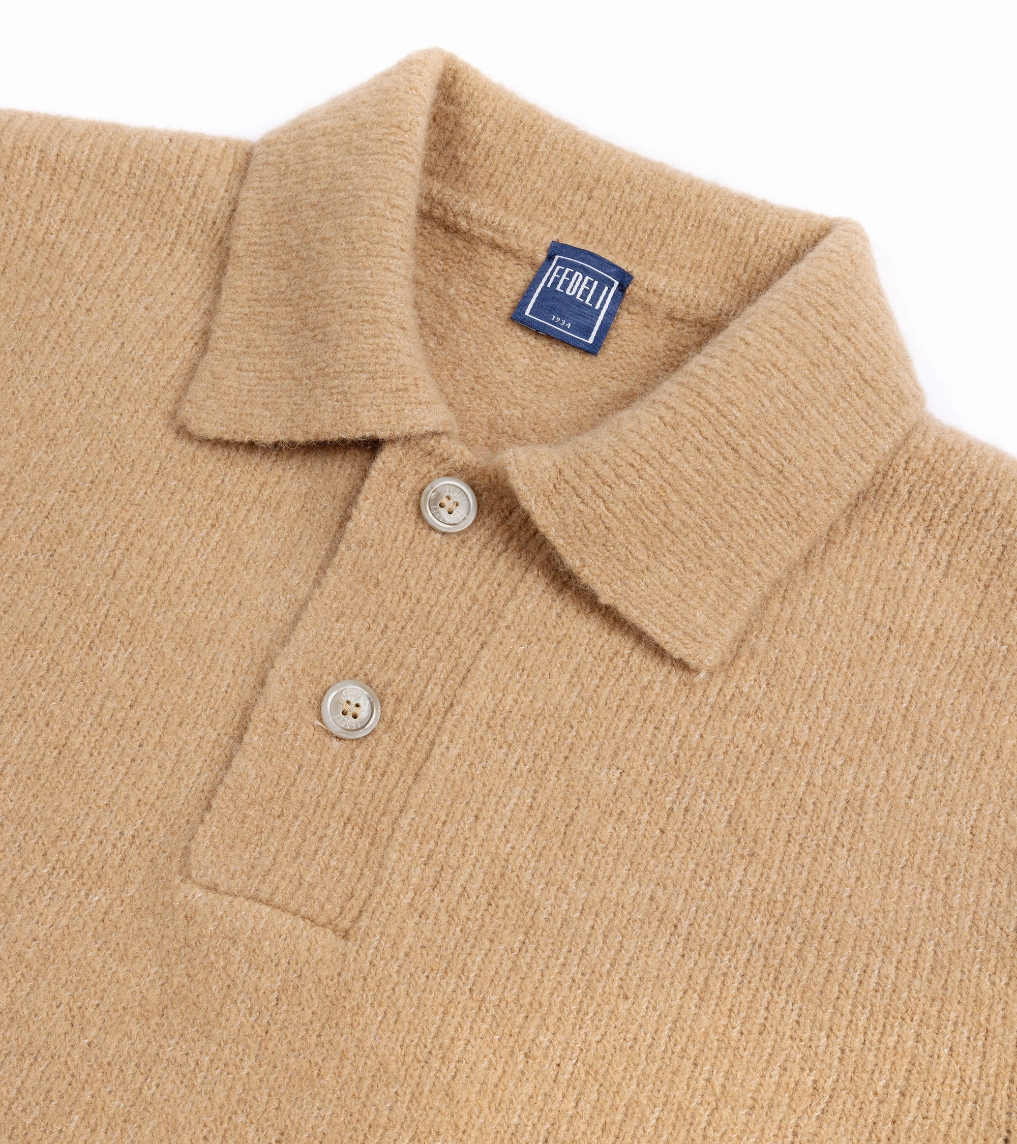 Thermal Insulation Fedeli Basket Wool Cashmere Mix Long Sleeve Knit Polo Shirt: Tan