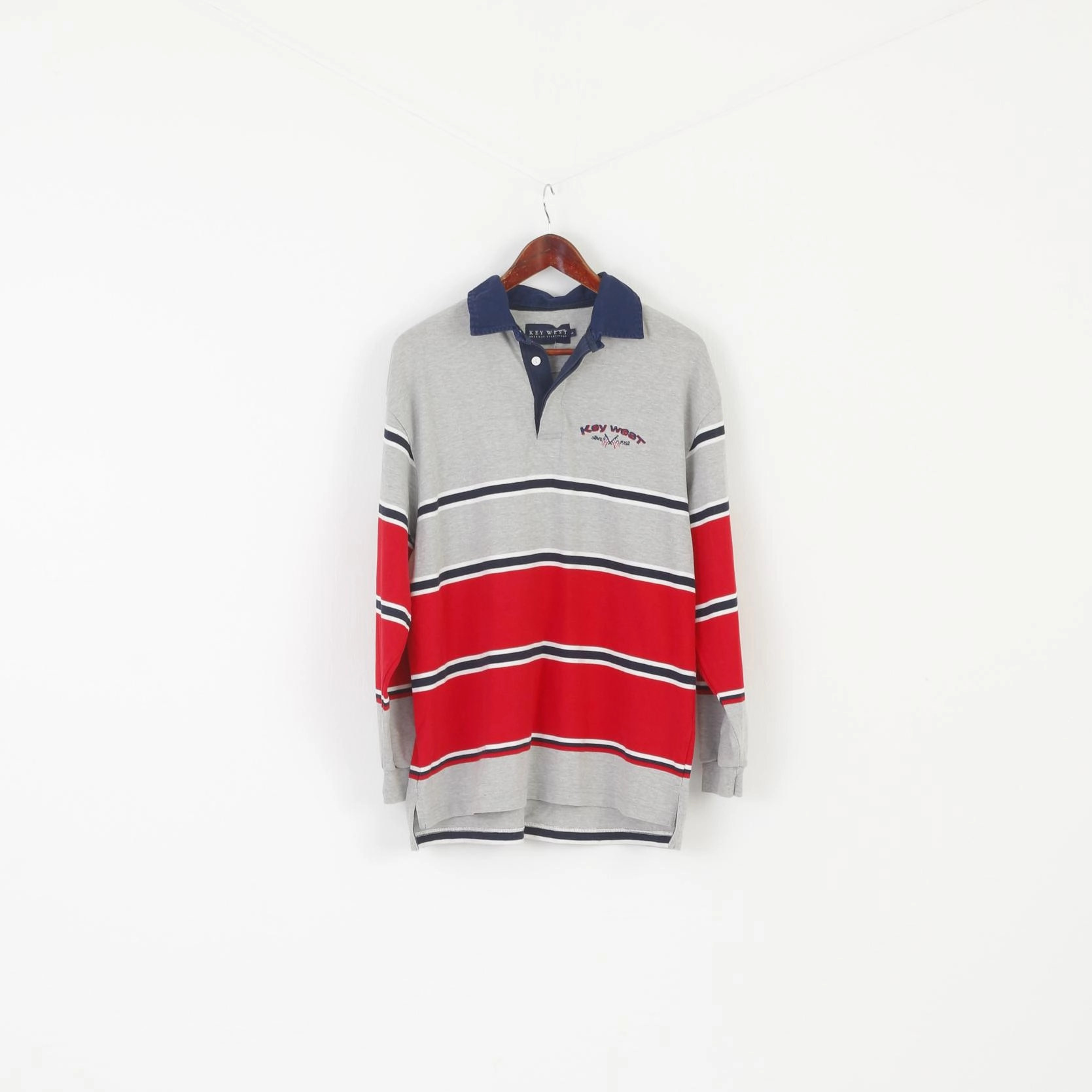 Everyday Casual Stylish Everyday Wear Key West American Sportswear Men L Polo Shirt Gray Striped Cotton Classic Long Sleeve Top