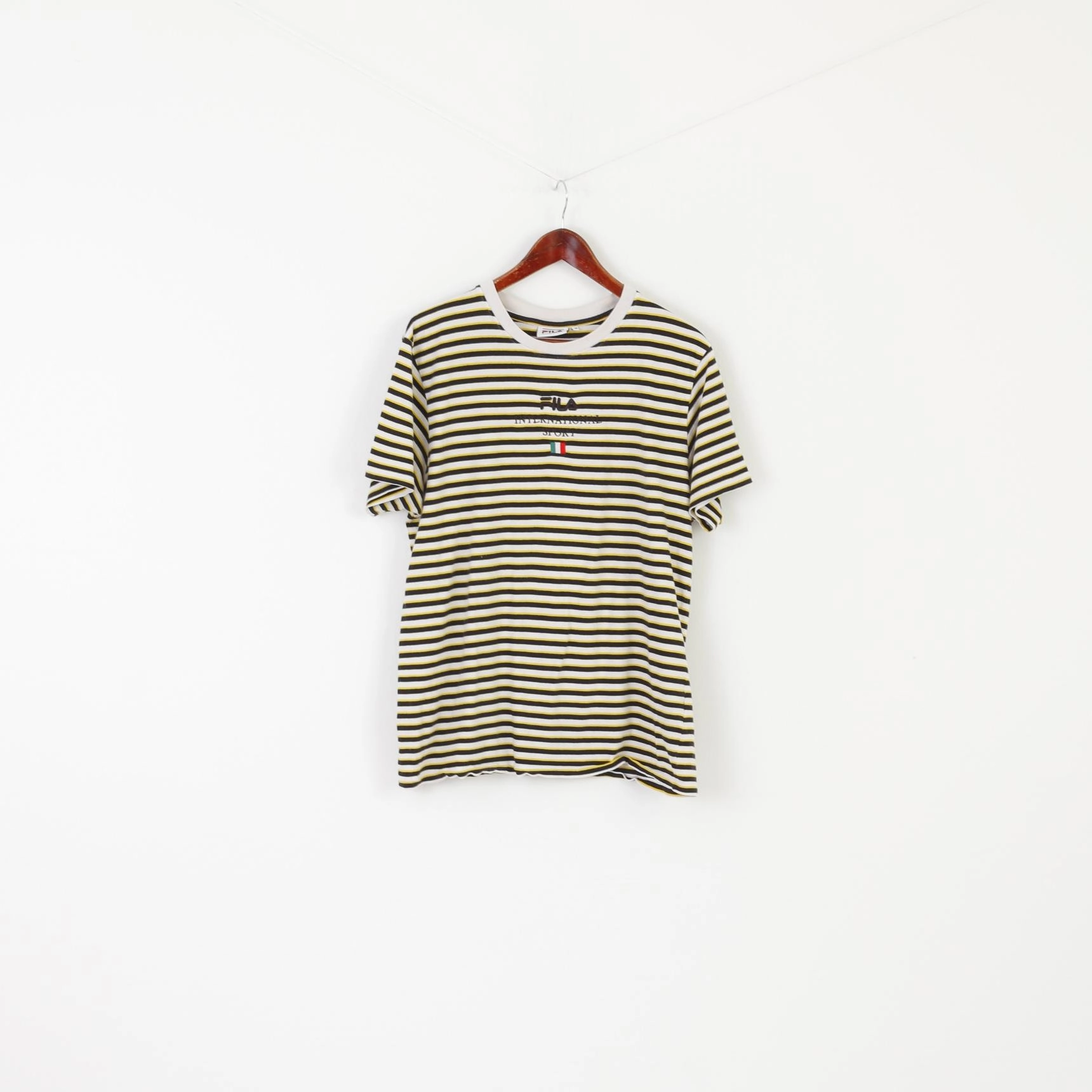 Fila Men M Shirt White Yellow Striped Vintage Cotton International Sport Italy Top right size