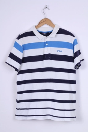 Sublimation Printed Collar Sustainable FILA Mens L Polo Shirt White Striped Blue Short Sleeve Cotton Sport Detailed Buttons