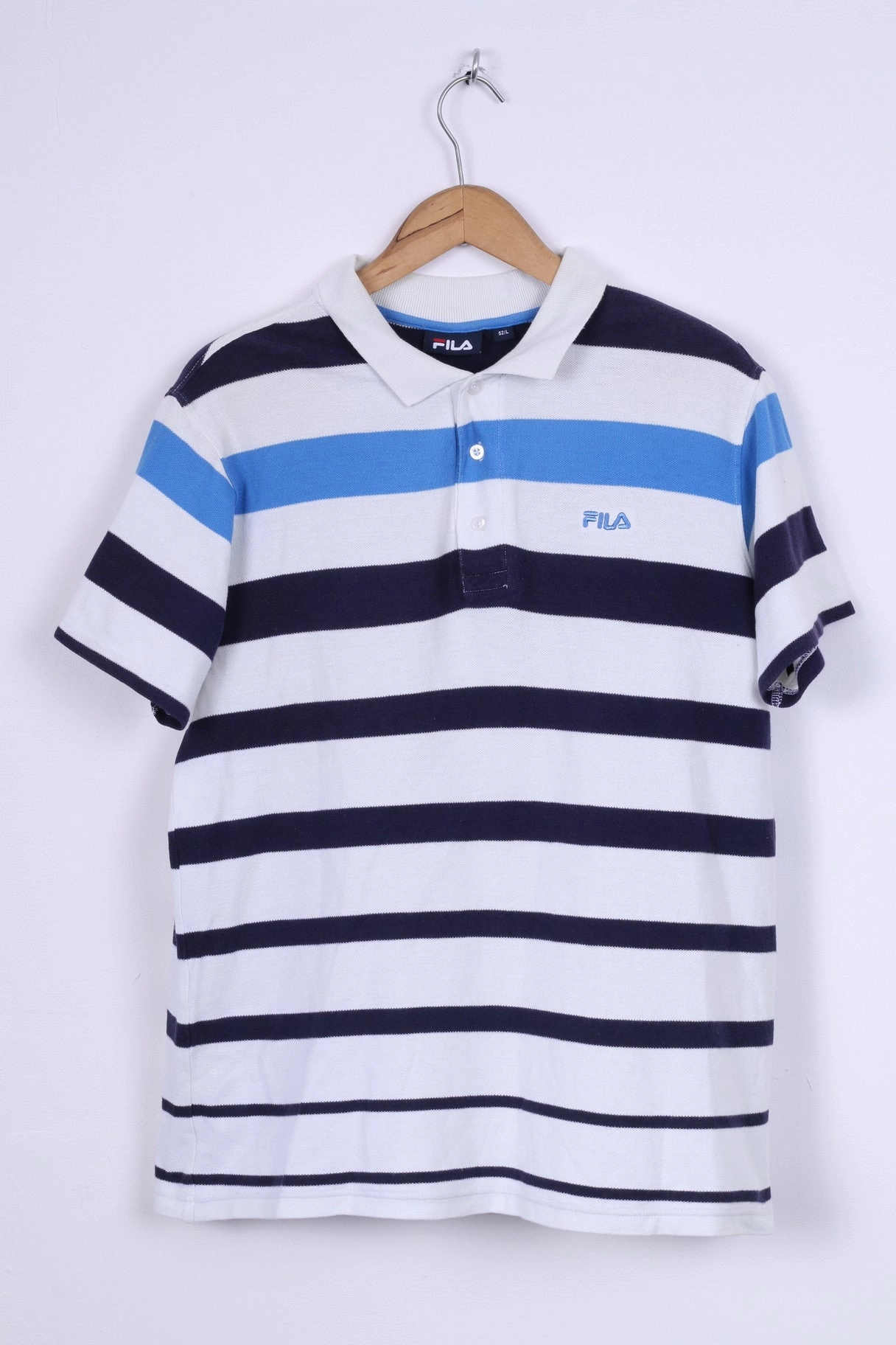 Sublimation Printed Collar Sustainable FILA Mens L Polo Shirt White Striped Blue Short Sleeve Cotton Sport Detailed Buttons