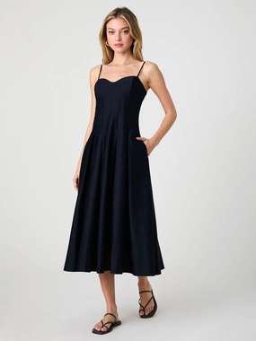 Cotton Sateen Pleated Midi Dress Urban Look Minimal Design
