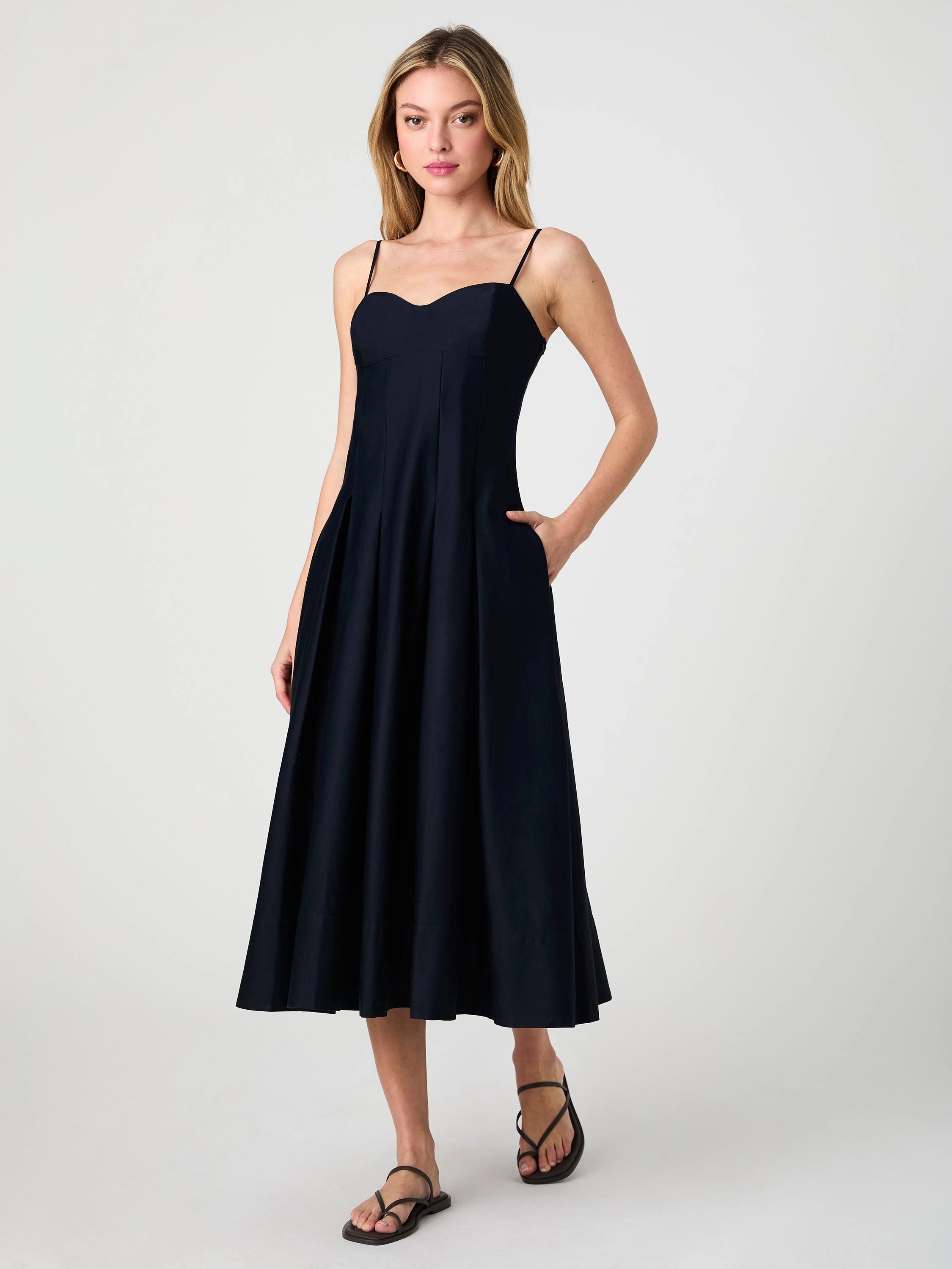 Cotton Sateen Pleated Midi Dress Urban Look Minimal Design
