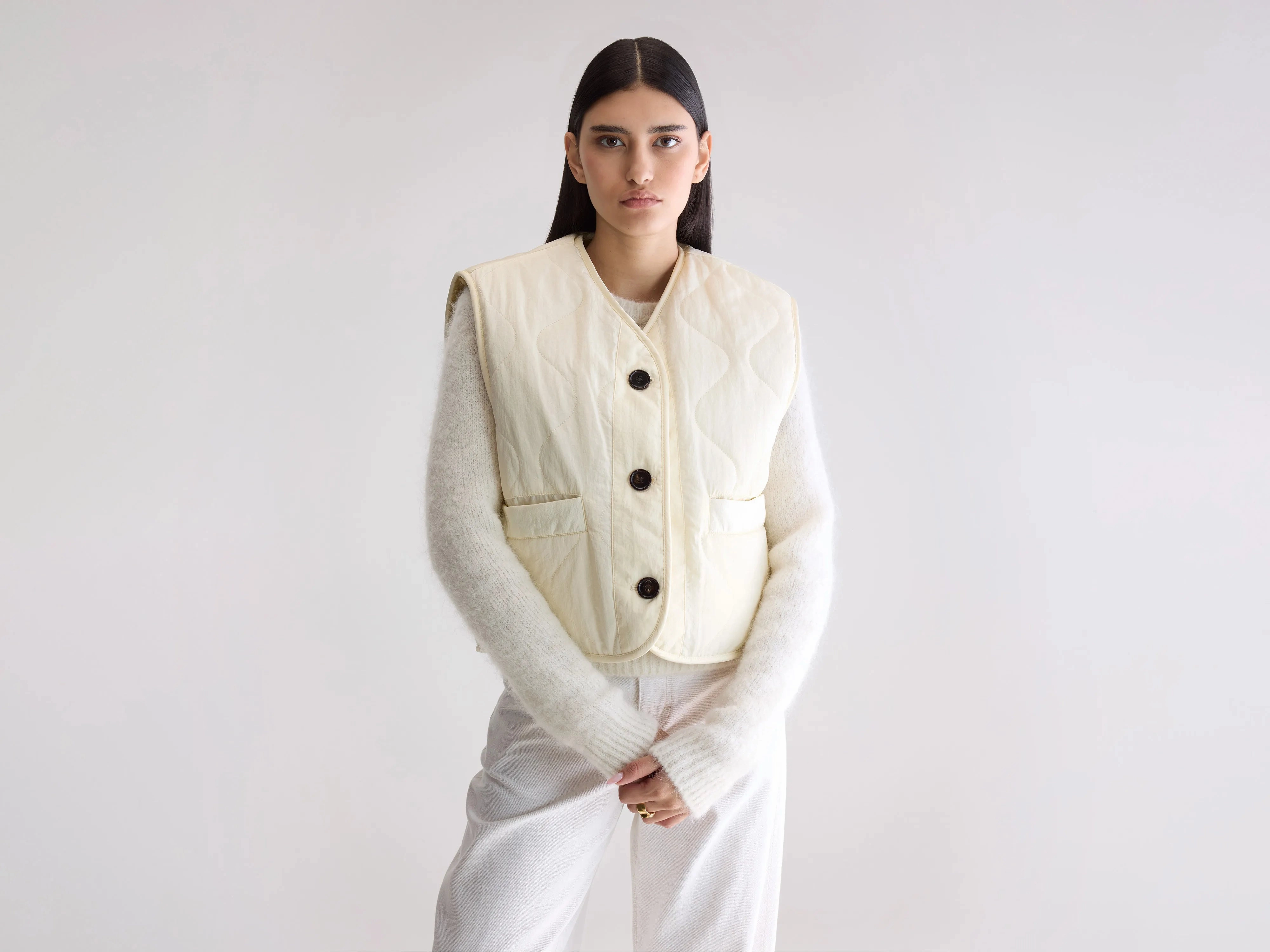 Sun Protective Fabric Wrinkle Free Fabric Eloise sleeveless jacket (252 / W / BUTTER)