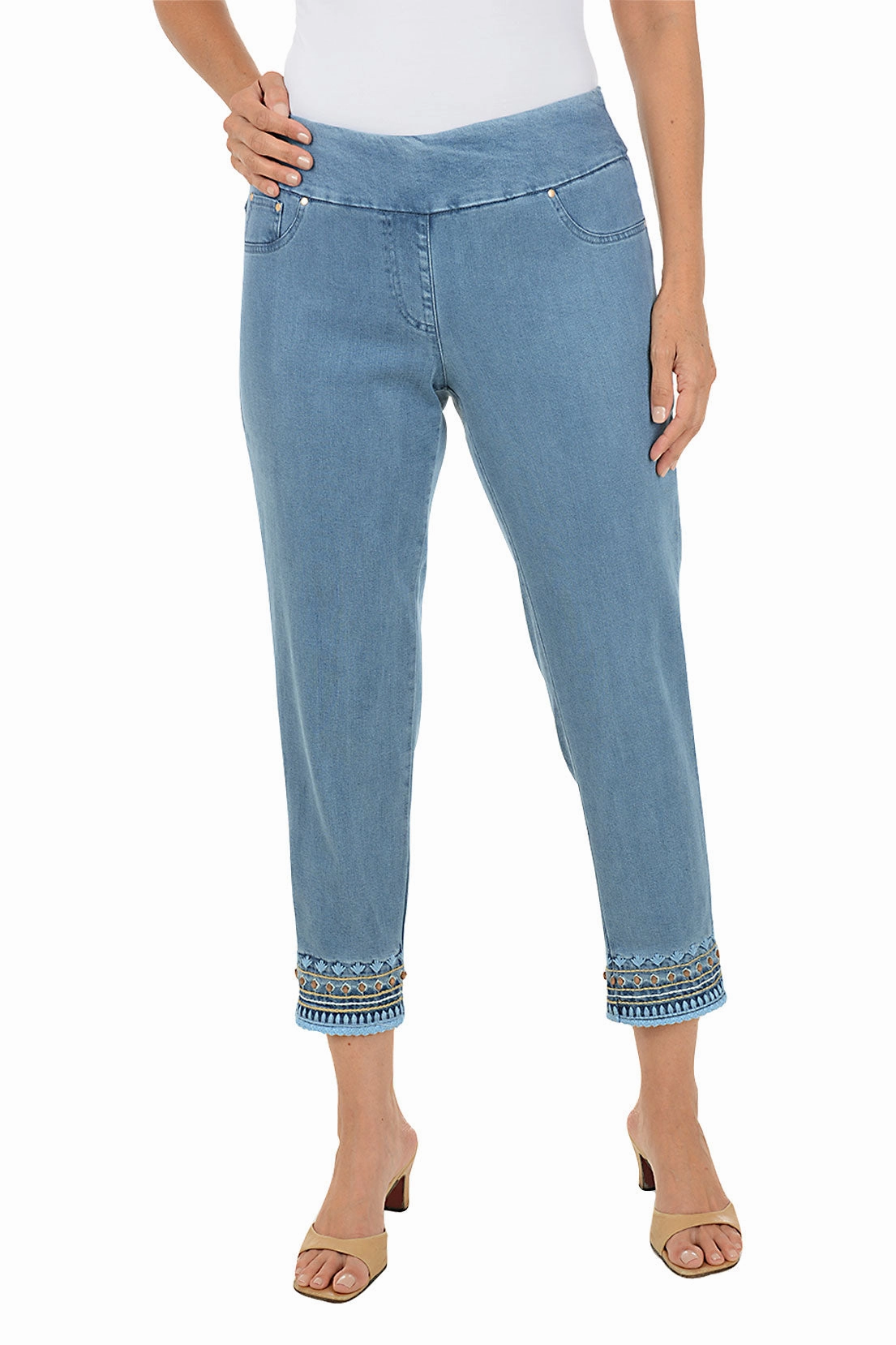 Boho Chic Embroidered Denim Crop Pant Flex Wear Tough Wear